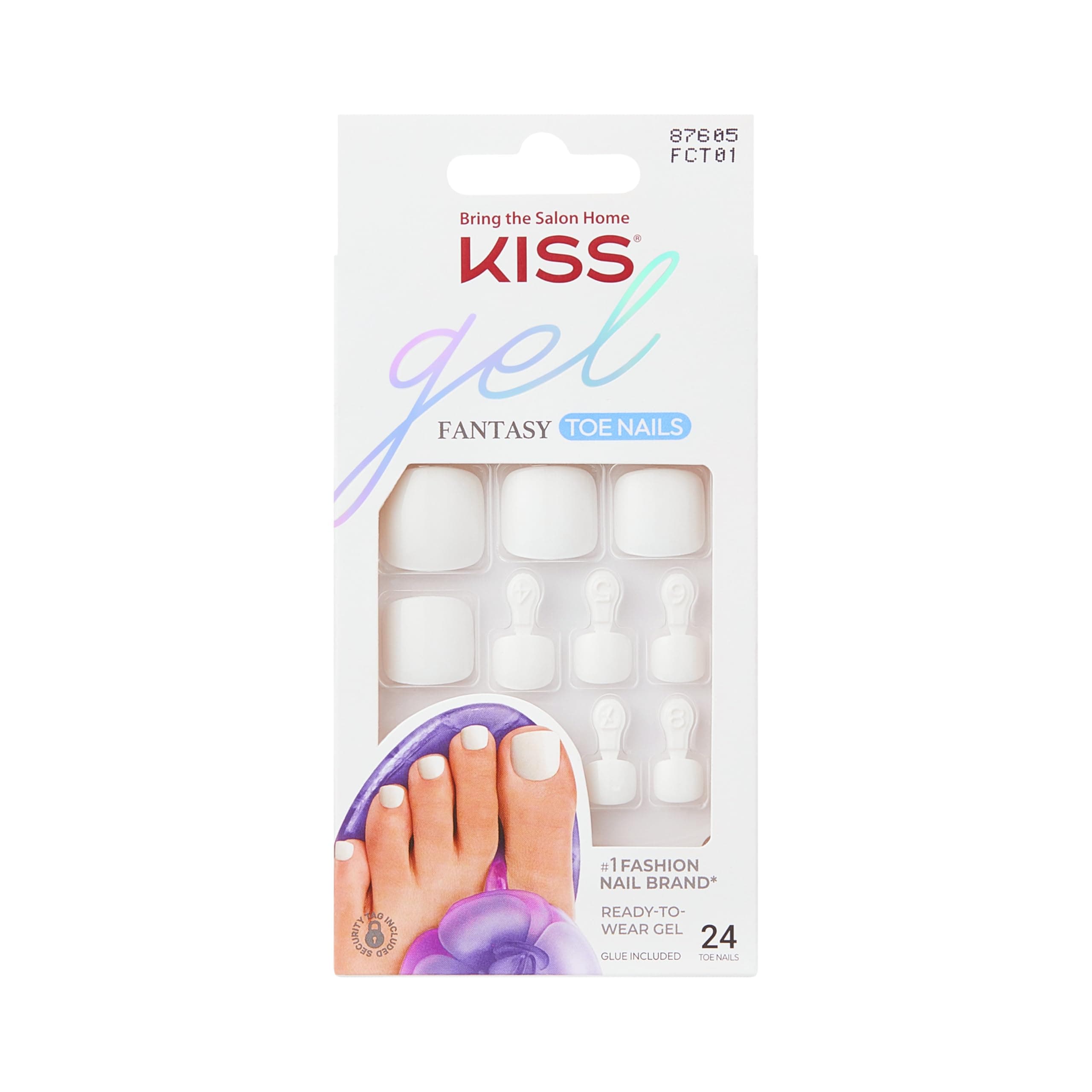 Gel Fantasy Collection Ready-To-Wear Fake Toenails Pedicure Set, Style 'This is Classic', with Mini Nail File, Pink Gel Nail Glue & 24 White Smudge-Proof Glue-On Toenails