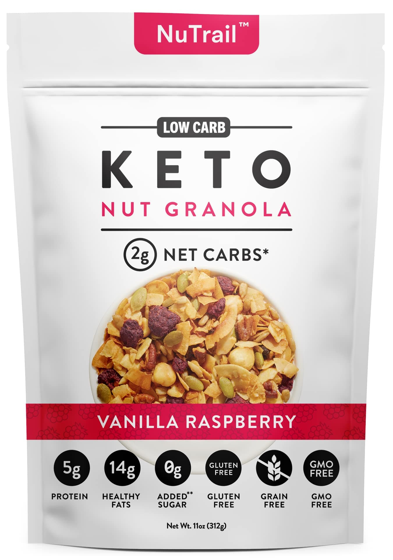 NuTrail - Keto Raspberry Nut Granola Healthy Breakfast Cereal - Low Carb Snack Food - 2g Net Carbs - Almonds, Pecans, Coconut and more 11 oz 1 Count