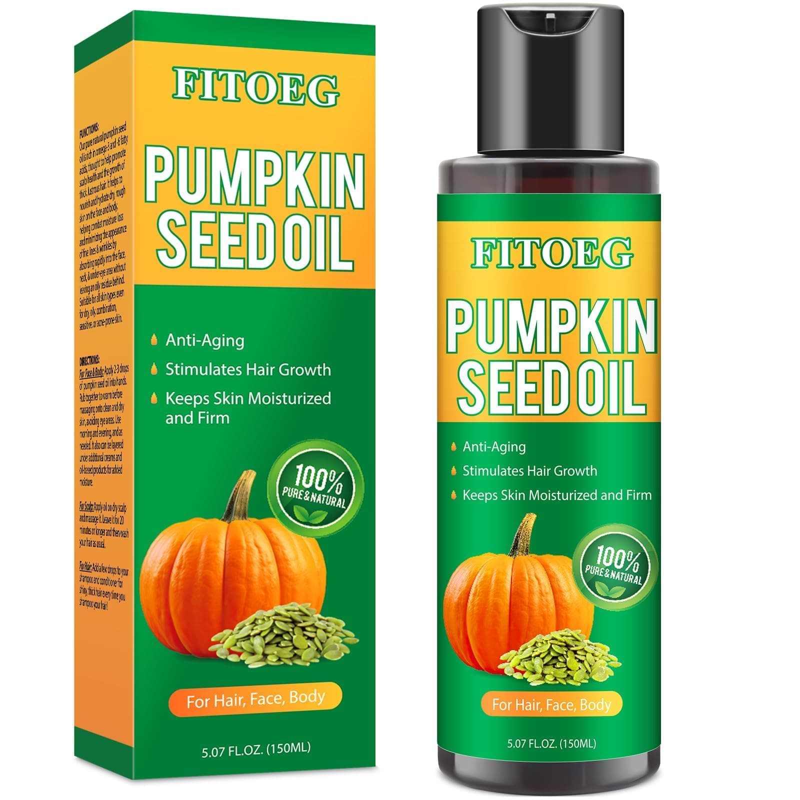 Organic Pumpkin Seed Oil - 5.07 Oz Large Bottle, 100% Pure Virgin Cold Pressed and Unrefined for Hair Growth, Anti-Aging for Face, Body and Scalp