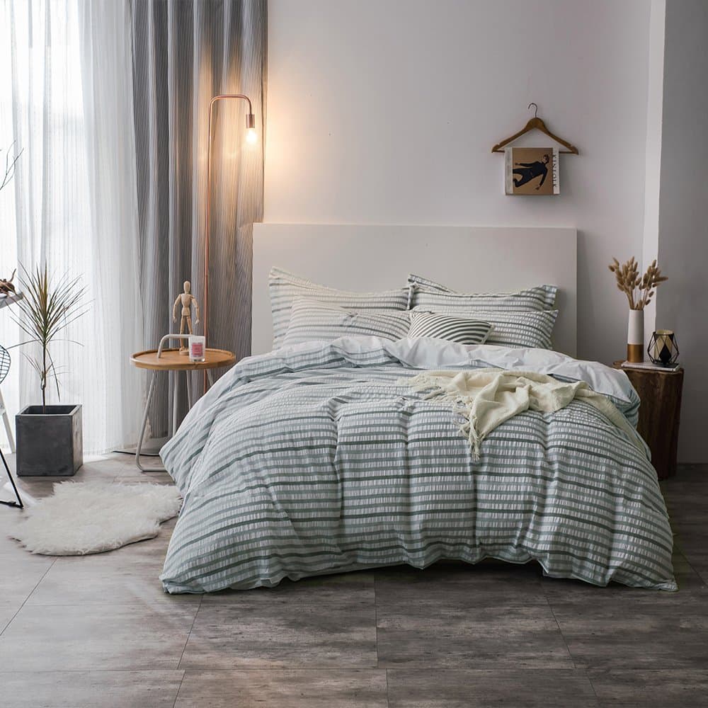 Merryfeel Seerucker Duvet Cover Set Queen,100% Cotton Seersucker Textured Striped Duvet Cover with 2 Pillwoshams,3 Pieces Bedding Set - Full/Queen