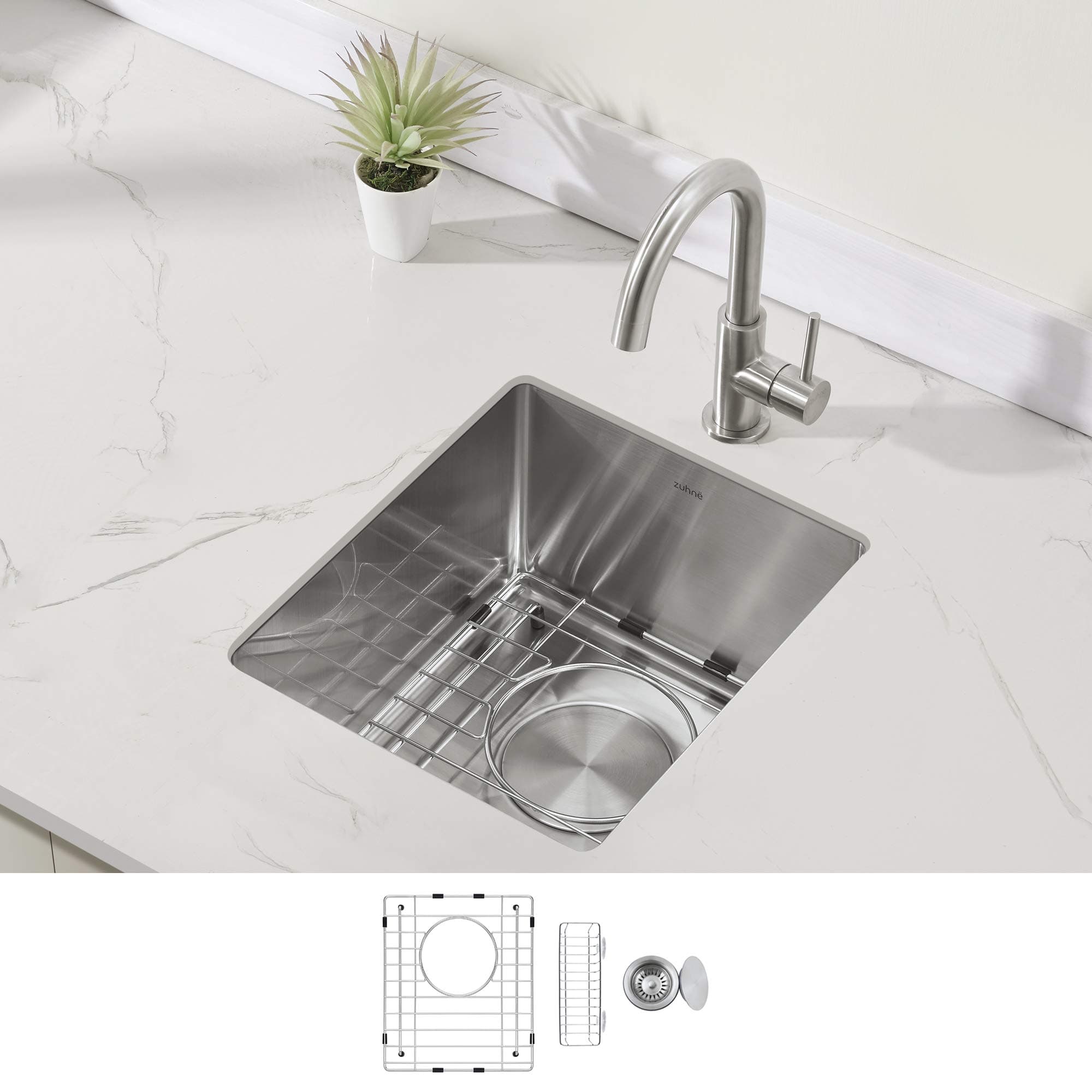 ZuhneModena Undermount Single Bowl 16 Gauge Stainless Steel Kitchen Sink 13" W x 15" D x 8" H Silver KM-BN0Z-AVSP