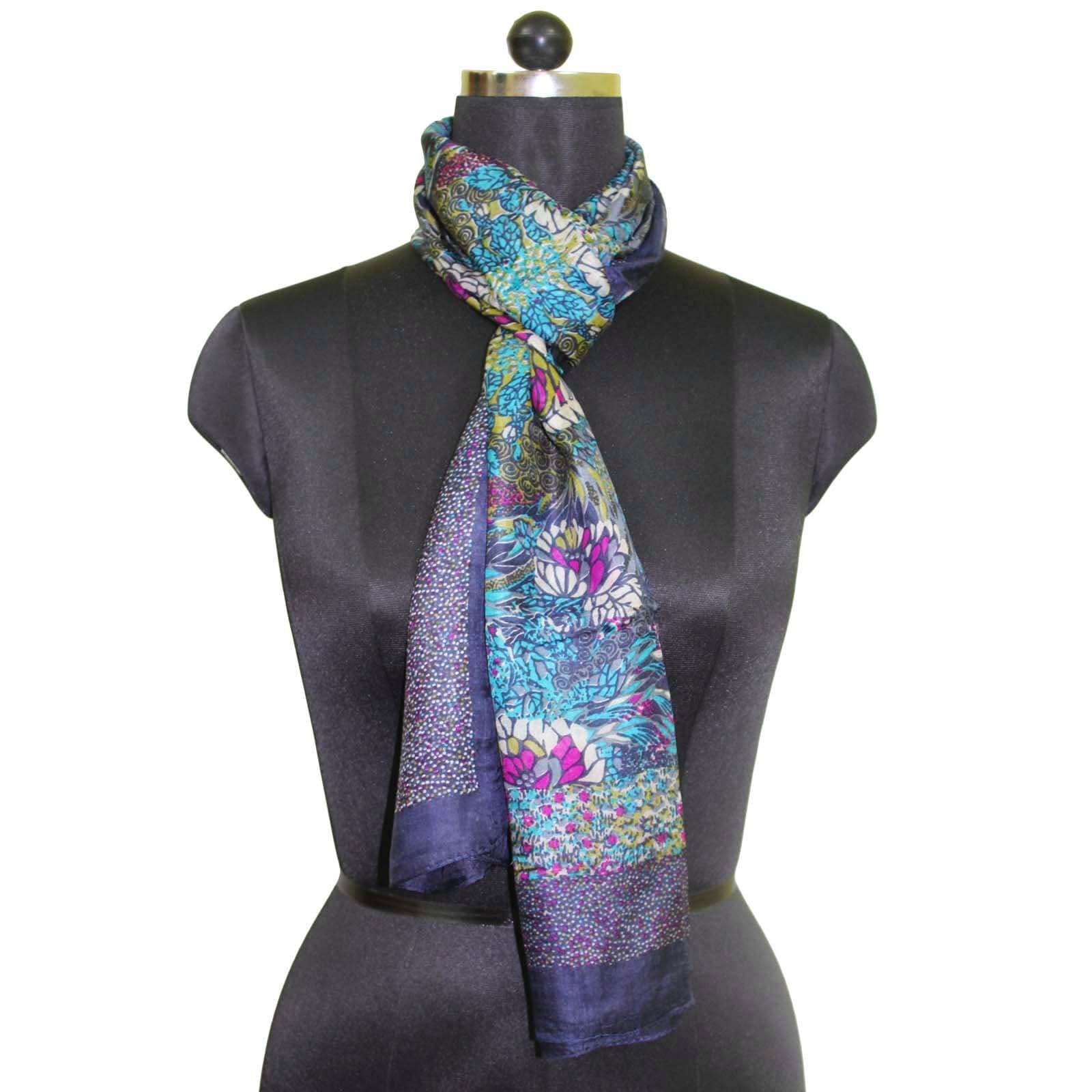 Pure Silk Printed Scarf Blue Summer Wrap Muffler Indian Long Stole Women’s Fashions Loop Head Hijab 59” x 20” Soft Scarves