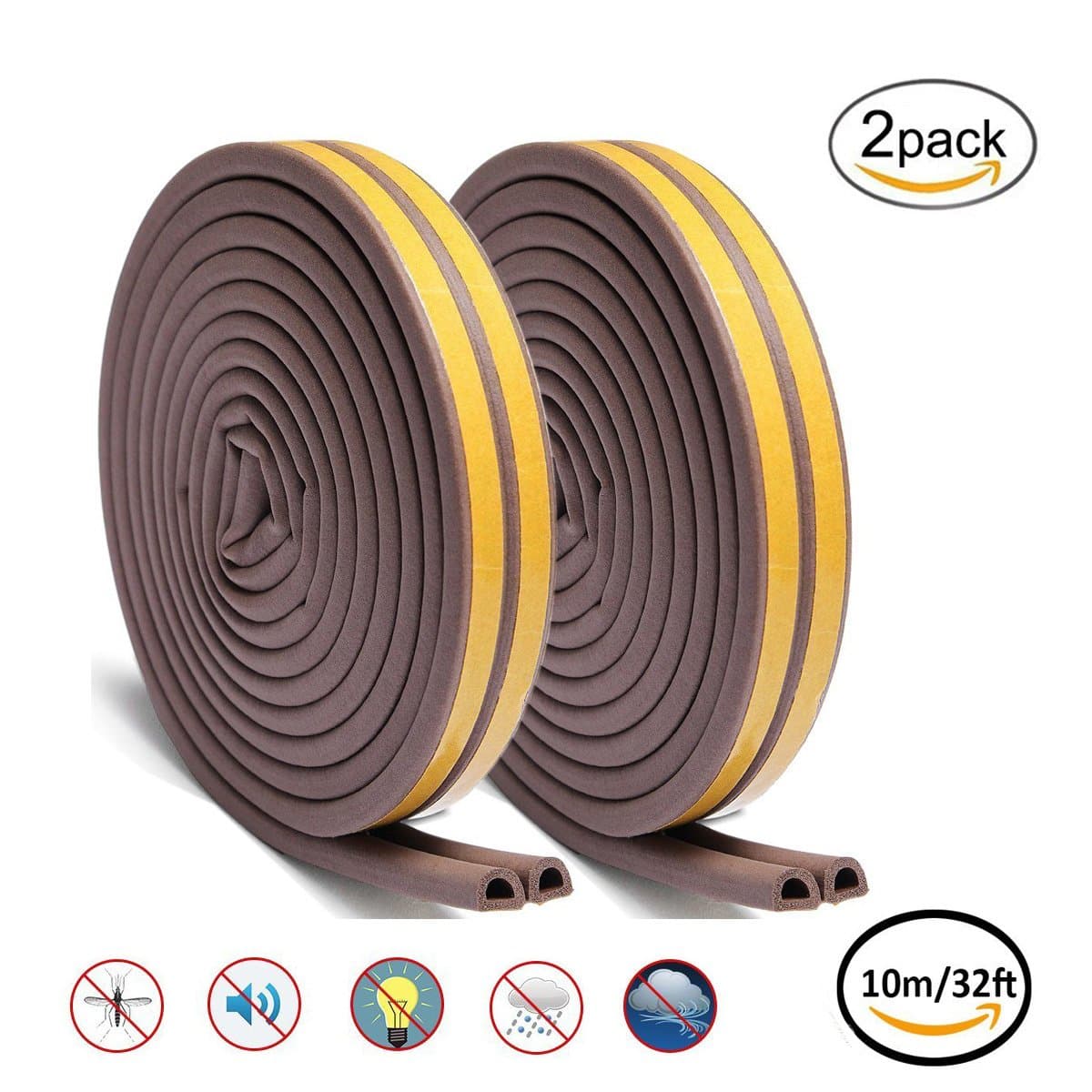 Self-Adhesive Weather Stripping Door and Window EPDM Foam Rubber Sealing Strip Peel & Stick Draught Excluder Soundproofing Collision Avoidance Rubber Weather Stripping for Cracks and Gaps Pack of 2