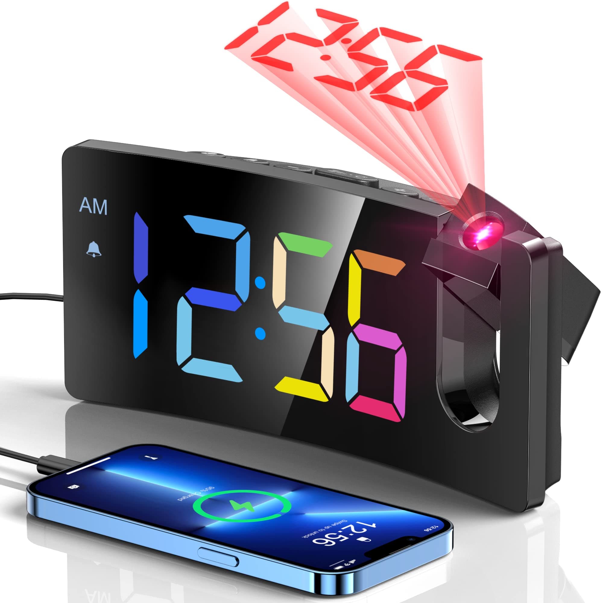 GOLOZA Projection Alarm Clock, Digital Clock with 180° Rotatable Projector, 3-Level Brightness Dimmer, Clear LED Display, Progressive Volume, 9mins Snooze, Digital Alarm Clock for Bedroom
