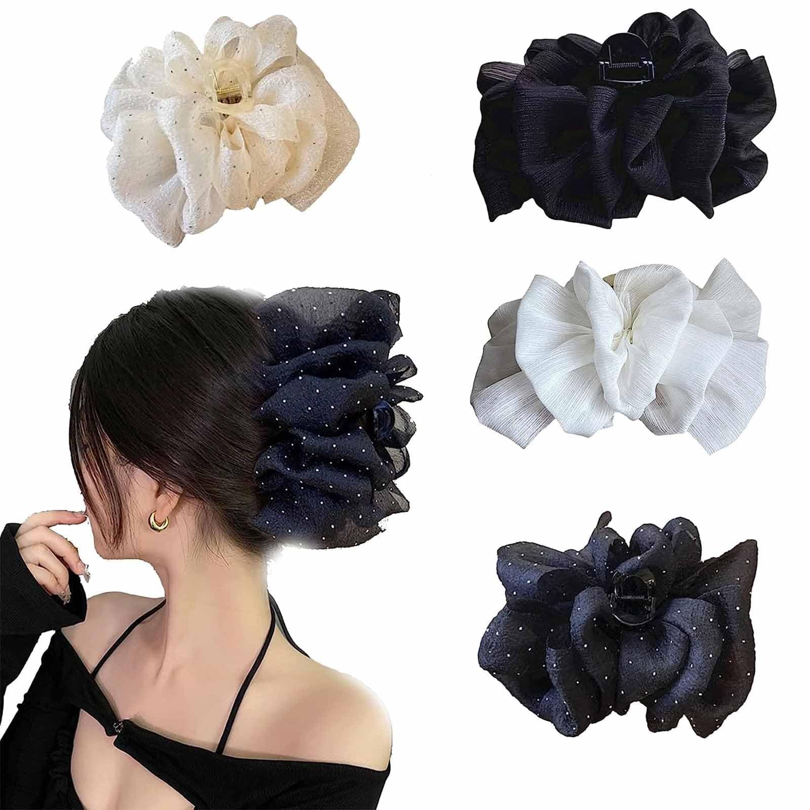 4Pcs Big Bow Hair Clips - Bow Bubble Clips, Silk Chiffon Hair Bow, Mesh Silk Bubble Clip, Sequin Hair Bows Clips, Satin Silk Bow, Hair Styling Accessories, for Women