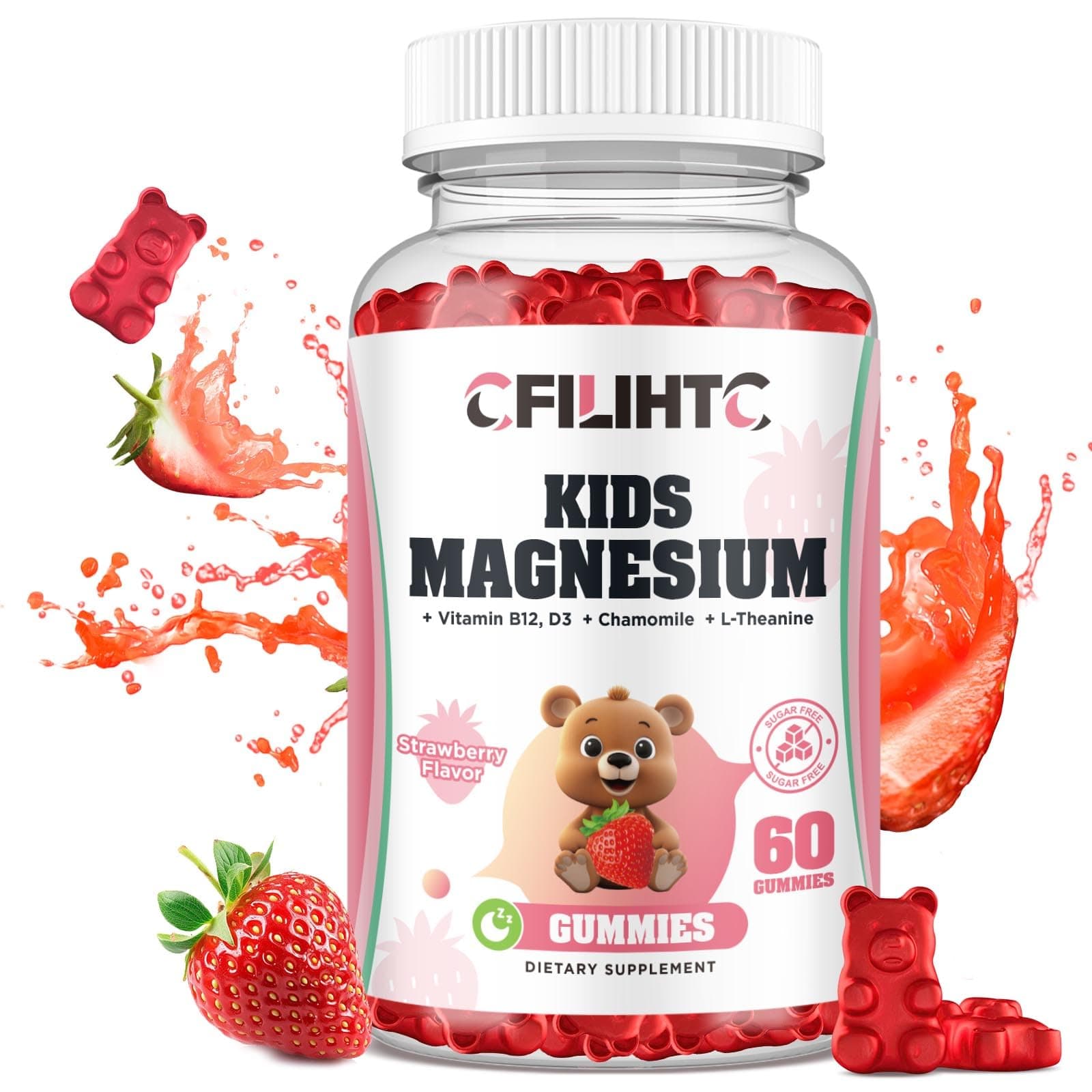 Kids Magnesium Glycinate Gummies, Magnesium for Kids & Adults with Citrate, Zinc, Vitamin D3, B12, L-Theanine Supplement for Sleep Bone & Muscle Mood, Strawberry, 60ct