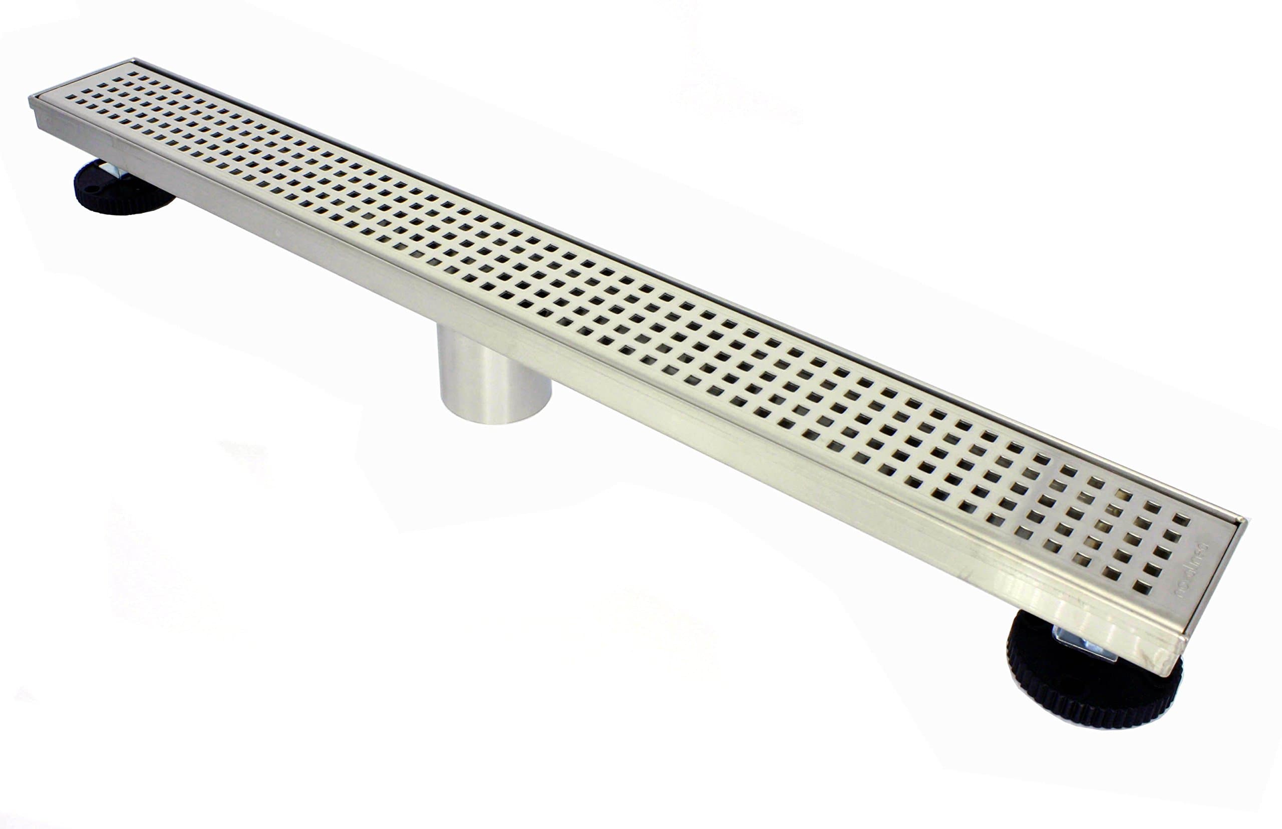 ZA Linear Shower Drain (28 Inch Squares Pattern) Sleek and Modern Brushed Stainless Steel, with Hair Strainer, Leveling Feet and Threaded Adapter