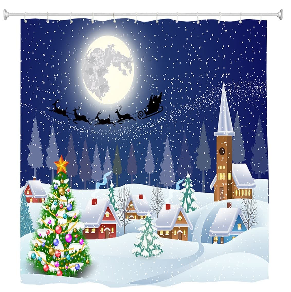 Mimihome Christmas Shower Curtain, Xmas Trees Winter Landscape Moon Night Waterproof Bath Curtains Bathroom, 72 Inch by 72 Inch, Colorful