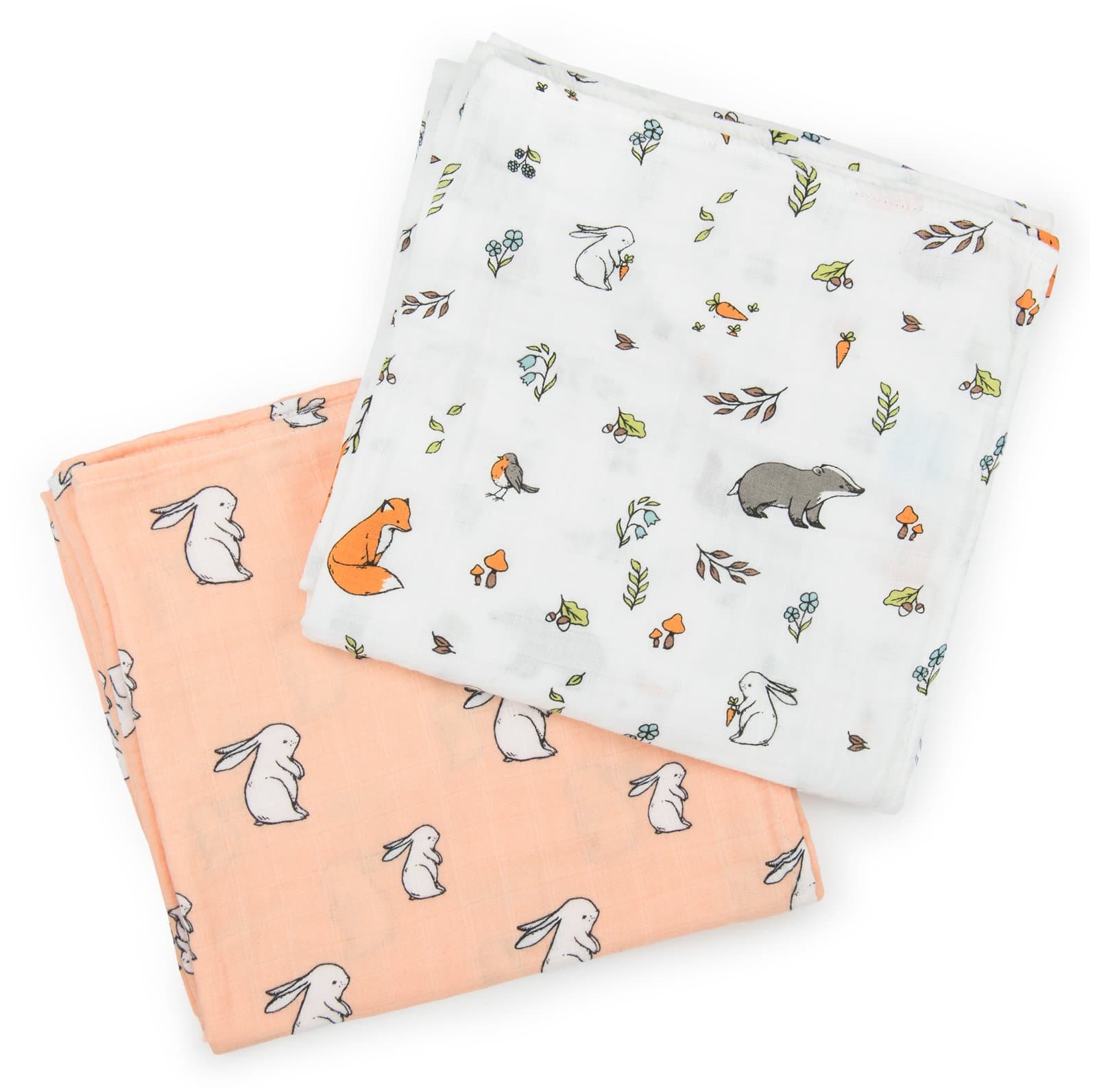 Organic Cotton Muslin Swaddle Blankets, X-Large, Woodland Friends Collection, Set of 2 (Long Ear Bunny + Into The Woods)