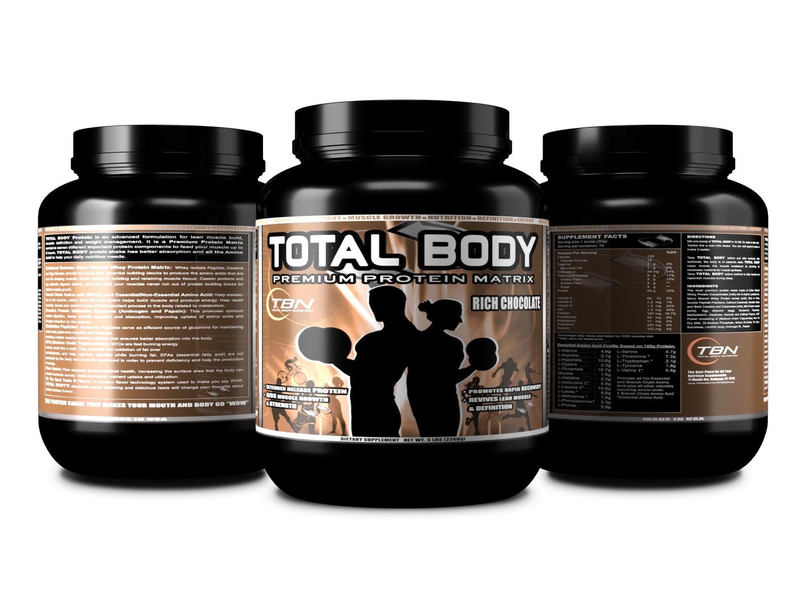 TBN Labs #1 TOTAL BODY PROTEIN is an advanced formulation for Lean Muscle Build, Muscle Definition and Weight Management. It is a Premium Protein Matrix contains seven different important protein, Flavor: Vanilla Cream, Net Wt: 5lbs, Serbing Size: 30g, Total Servings: 75.