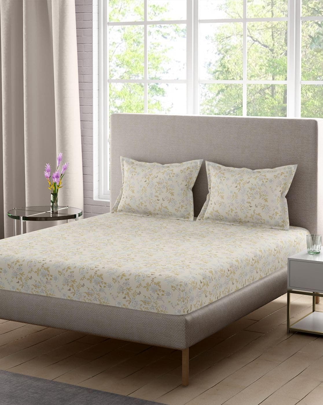 Portico New York Eldora Printed 100% Cotton 300TC Double Super King Size Bedsheet with 2 Pillow Cover (274X274CM)