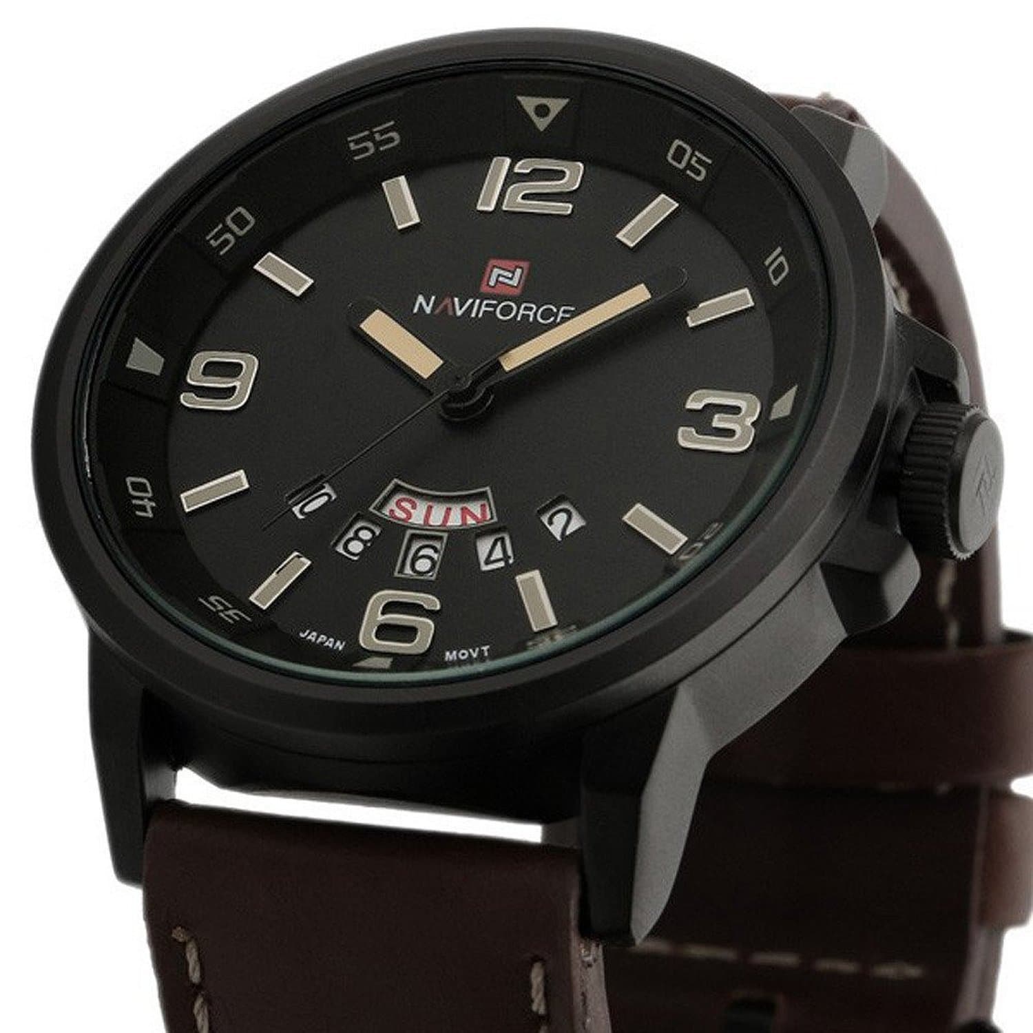 Fanmis Mens Quartz Watch Military Watches Brown Corium Leather Strap Army Black Dial Wristwatch