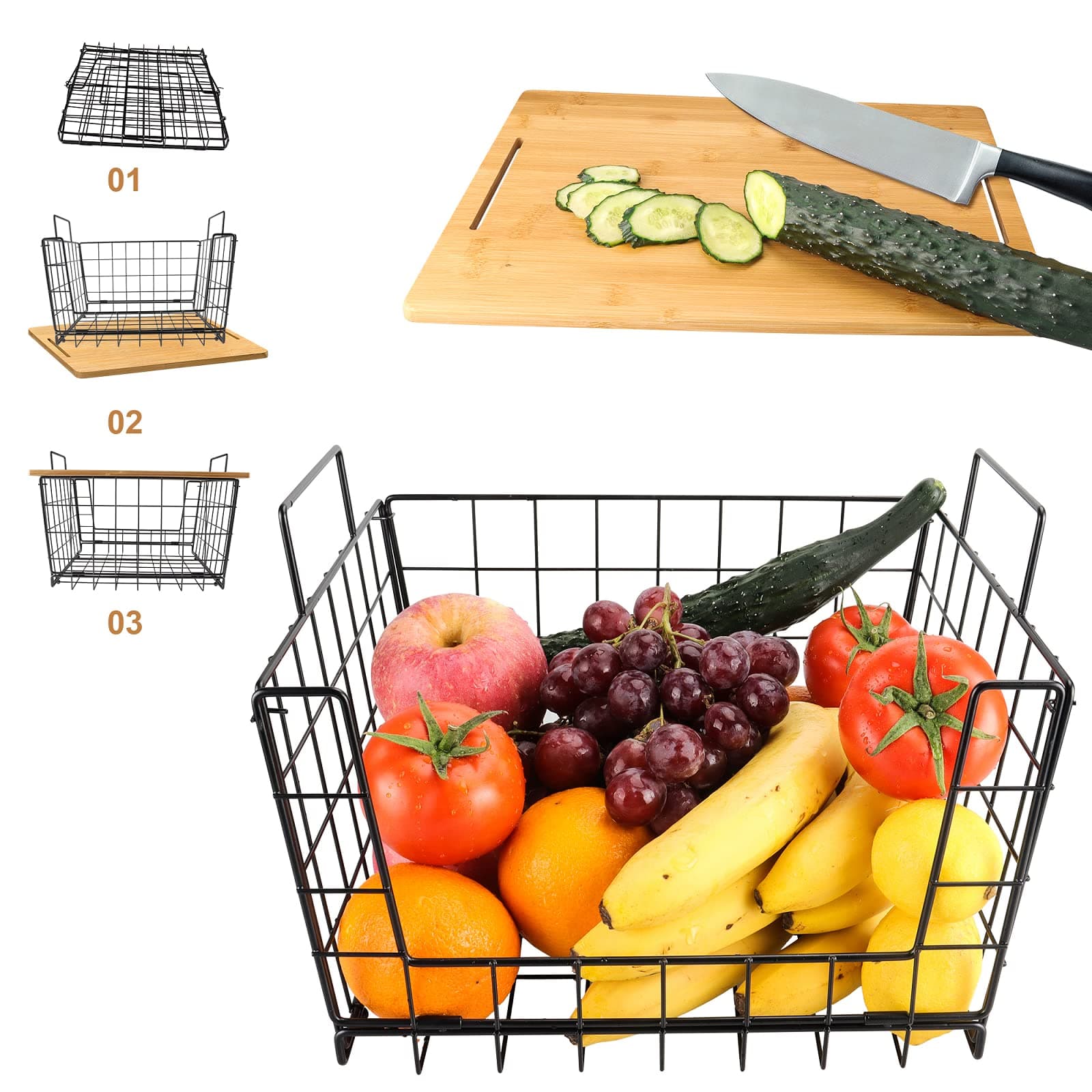 TOBEFORT Metal Wire Fruit Vegetable Basket for Home Kitchen Storage, Office and Bathroom Shelves, With Handle and Cutting Boards, Black