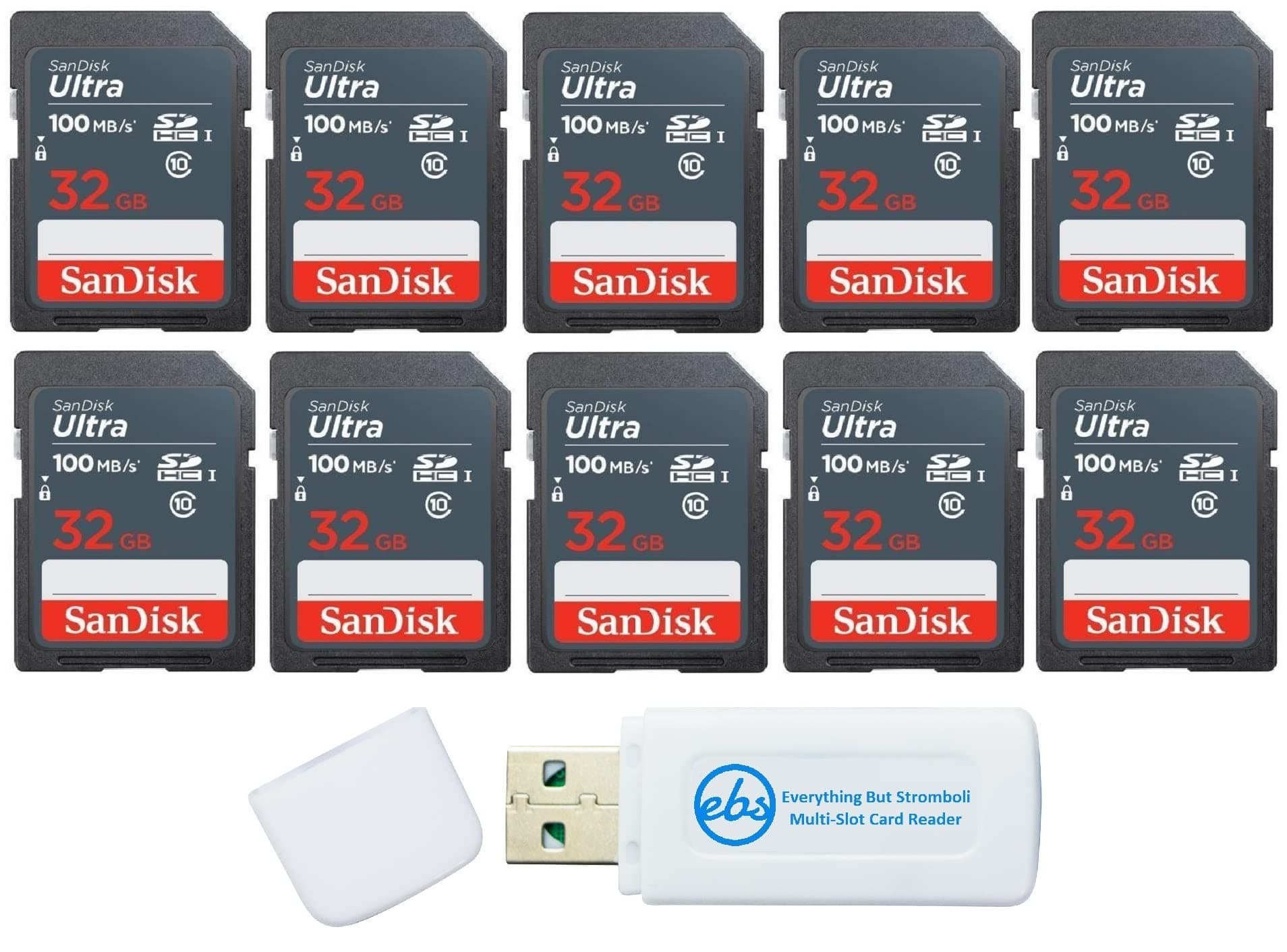 32GB Ultra SD Memory Card (10 Pack) SDHC UHS-I Card 100 MB/s Class 10 (SDSDUNR-032G-GN3IN) Bundle with (1) Everything But Stromboli SD/Micro Card Reader
