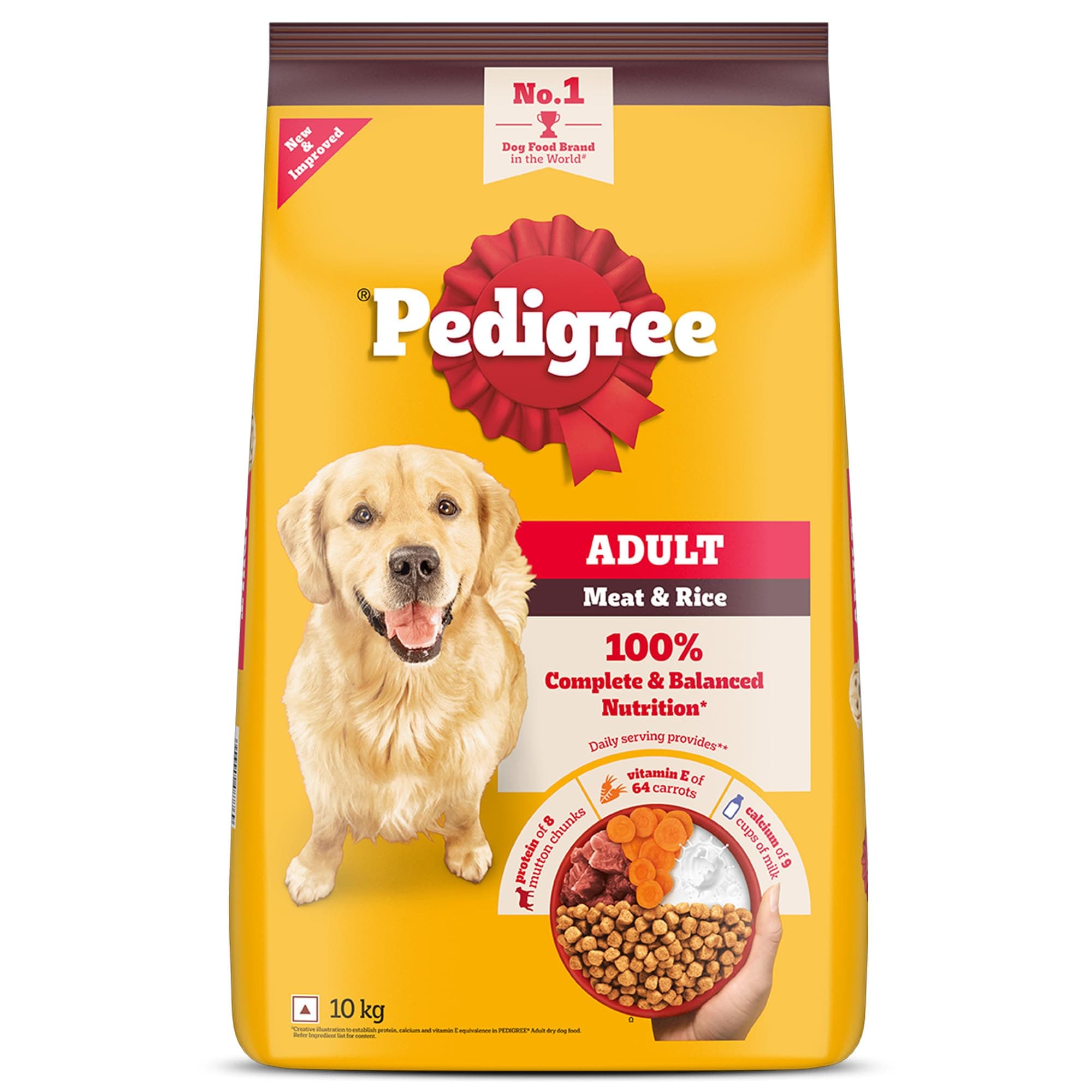 Pedigree Adult Dry Dog Food, Meat & Rice, 10 kg, Contains 37 Essential Nutrients, 100% Complete & Balanced Food for Adult Dogs