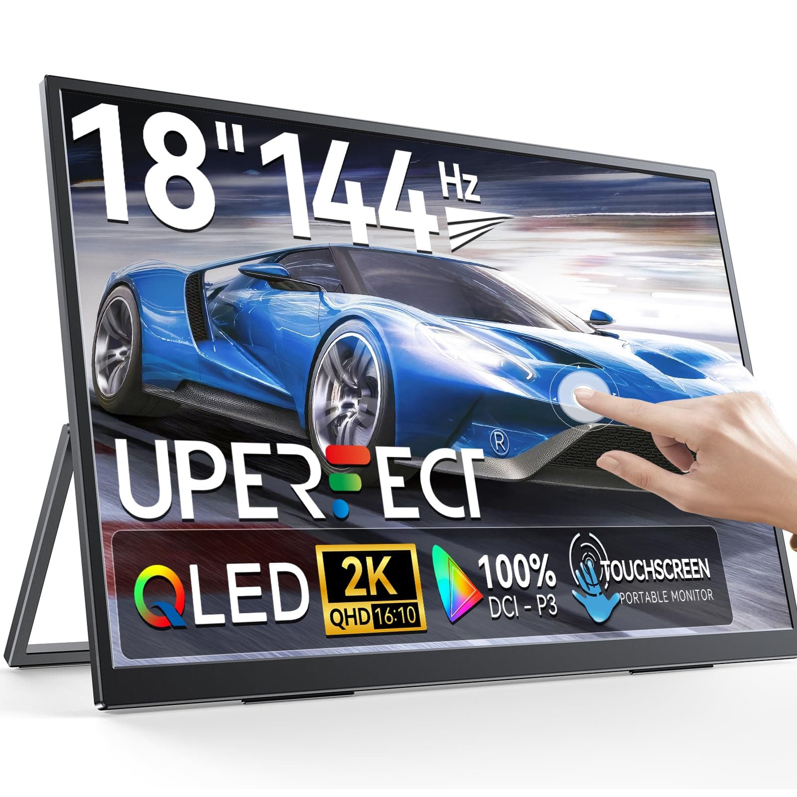UPERFECT - 2K 144Hz Portable Monitor, 18" Touchscreen, 2560 x 1600 QHD, 100% DCI-P3, FreeSync HDR Gaming Monitor with VESA and 180° Adjustable Stand, Second Monitor