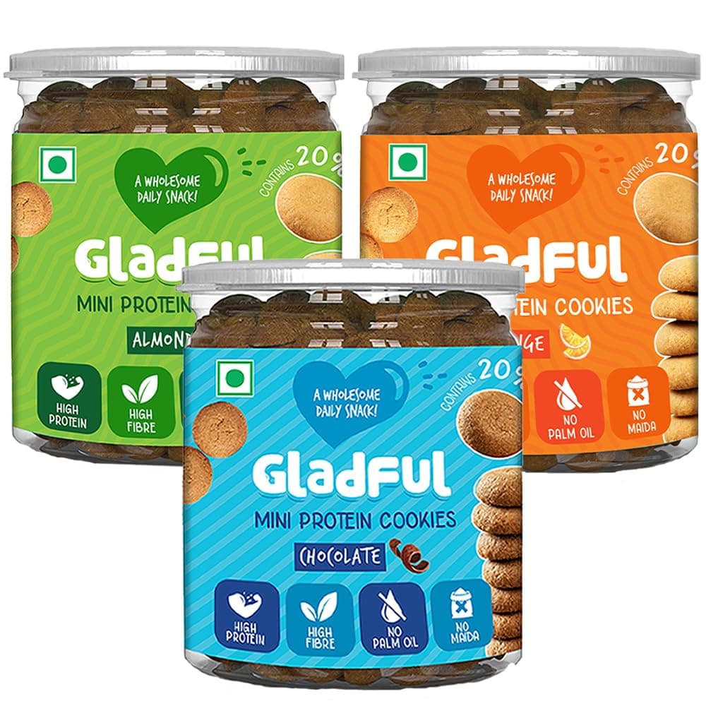 Gladful Protein Mini Cookies/Biscuit For Kids And Families, Tasty & Healthy Daily Snack, No Maida, No Preservatives, 150Gm X 3 (Chocolate + Orange + Almond)