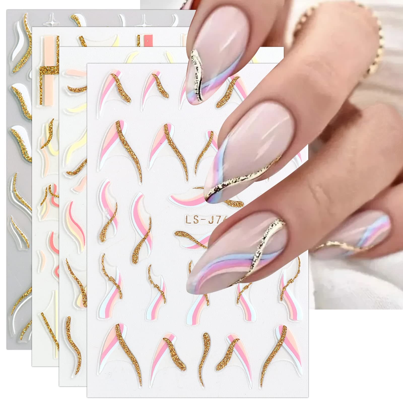 JMEOWIO Nail Stickers French Tip 9 Sheets Nail Art Stickers Self-Adhesive Nail Stickers Glitter Wave Line Decoration Nail Design Accessories