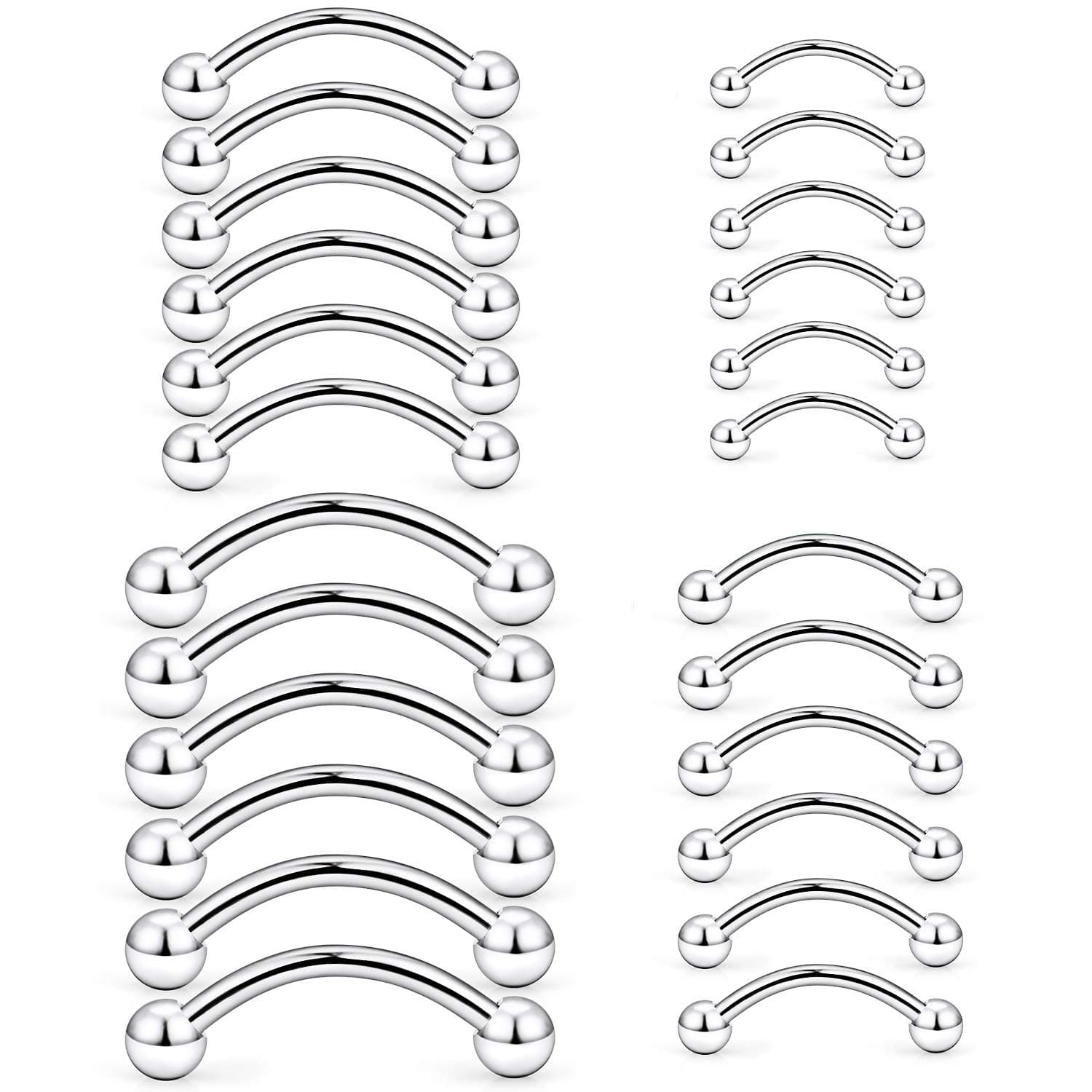Eyebrow Piercing Jewelry 16G Surgical Steel Curved Barbell with Ball Kit Tragus Ring Piercings Jewelry 16-24Pcs 6mm 8mm 10mm 12mm