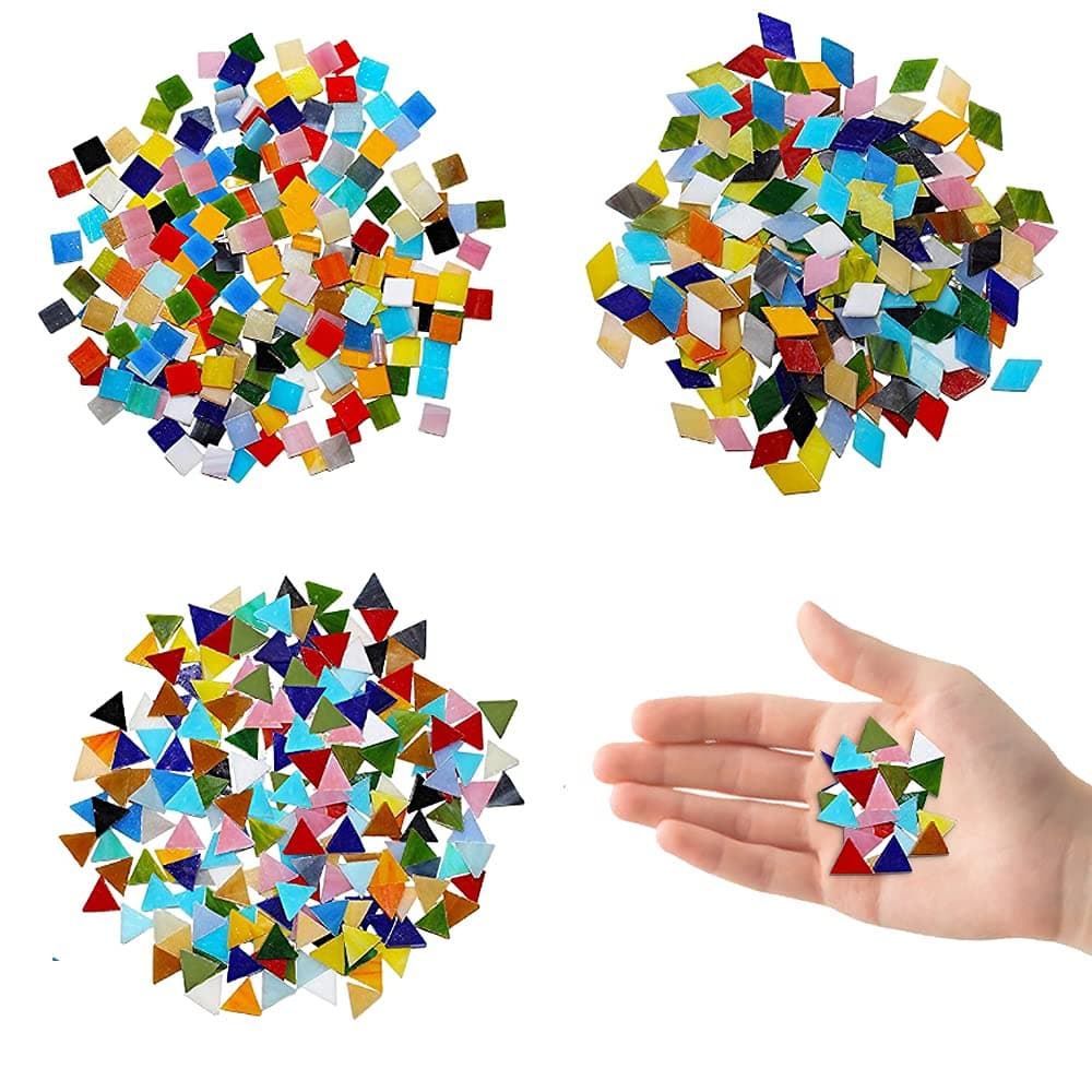 GIRAFEDA 600 PCS Glass Mosaic Tiles Mixed Color Mosaic Glass Assorted Stained Glass Mosaic Glass Pieces Crystal Glass Mosaic Tiles for DIY Art Craft and Home Decoration (Triangles,Squares,Rhombus)