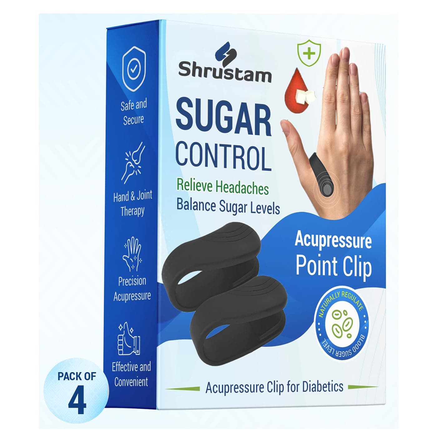 Sugar Control LI4 Acupressure Point Clip | Headache, Migraine &Tension Relief | Light Weight Handheld Massager Pack Fo 4, Black