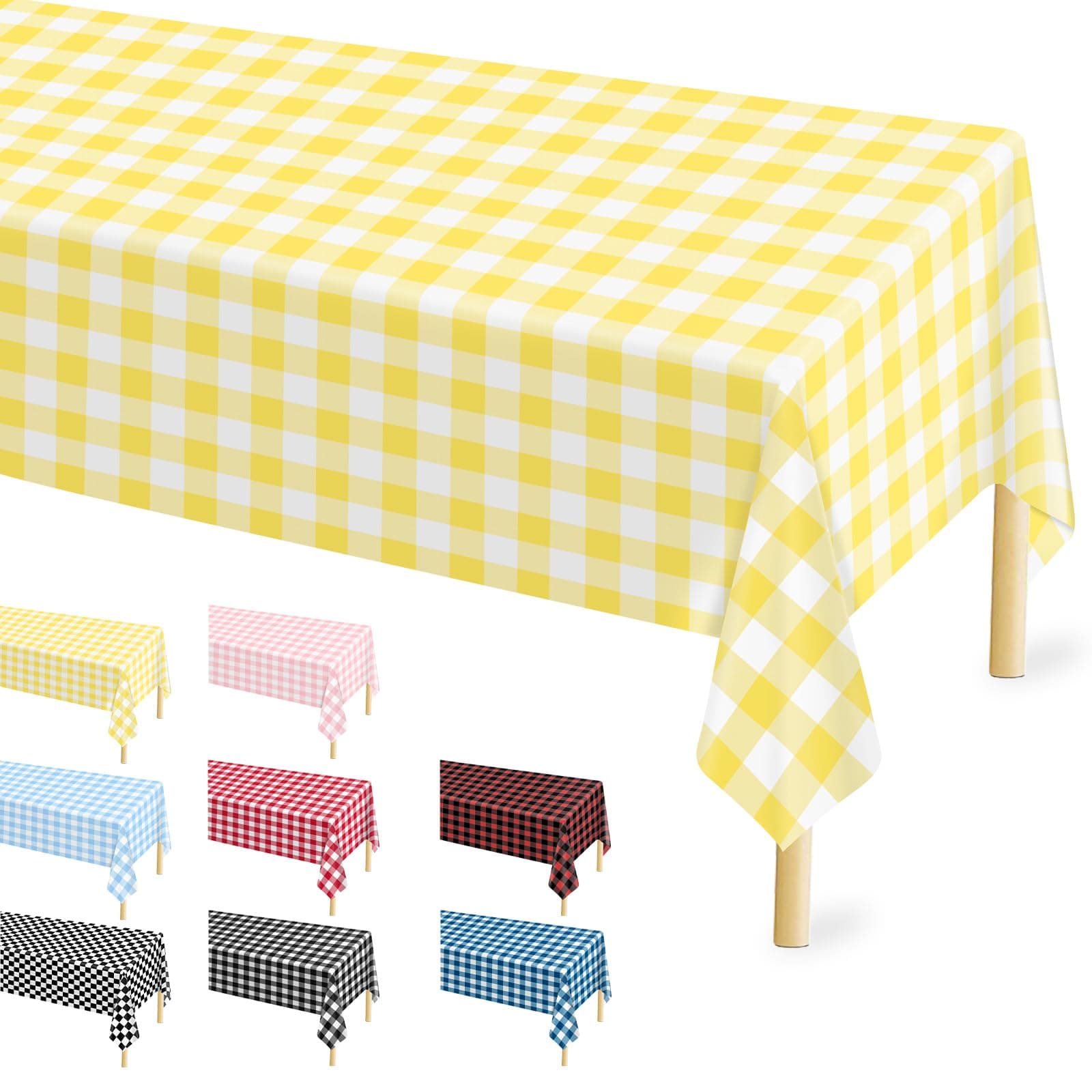 Mulbozy 2 Pcs Yellow and White Checkered Tablecloth, 54 × 108 inches Disposable Yellow Plaid Table Covers Plastic Gingham Tablecloth for Outdoor Picnic Birthday Baby Shower Holdiay Party Decoration