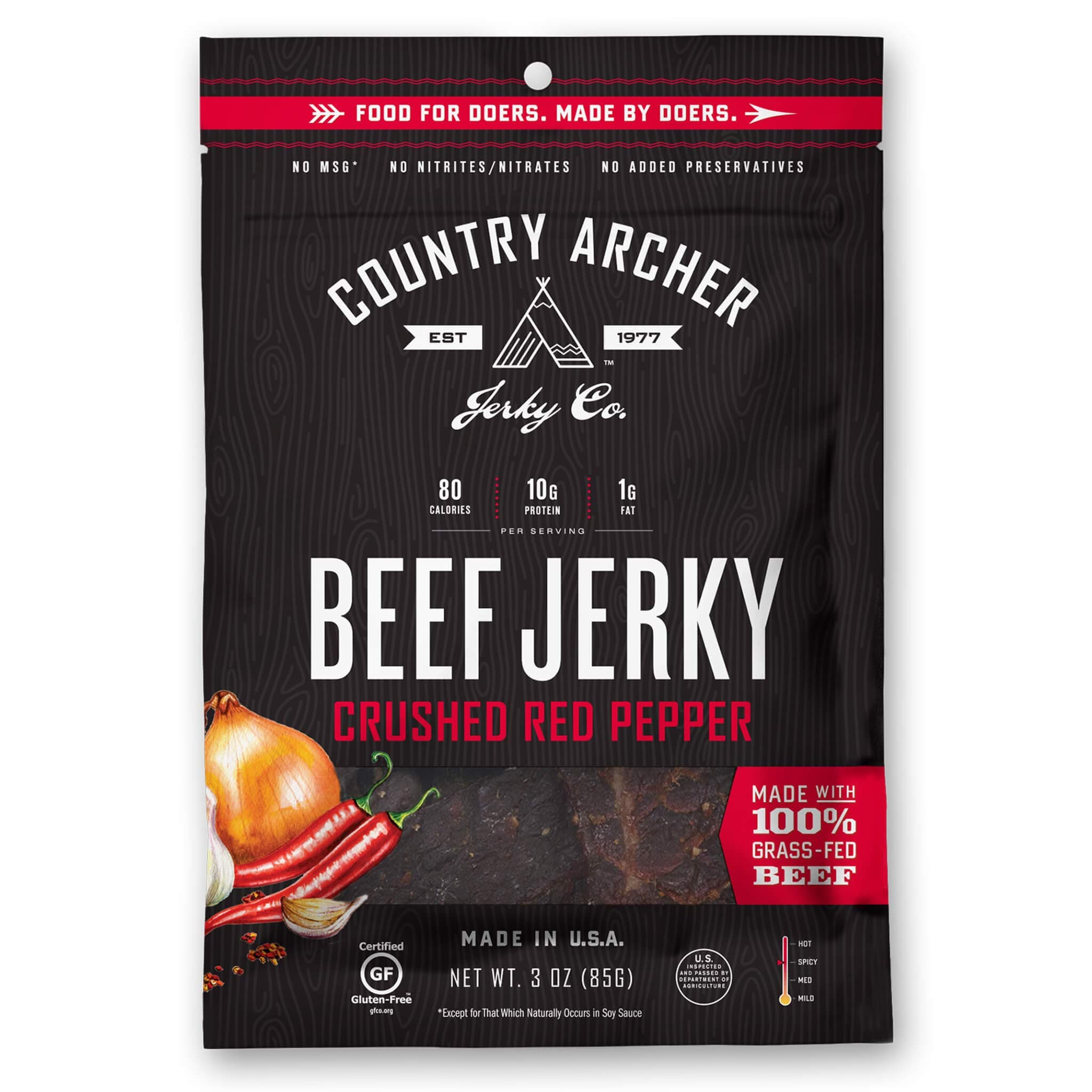 Crushed Red Pepper Beef Jerky by Country Archer, 100% Grass-Fed, Gluten Free, 3 Ounce (Pack of 3)