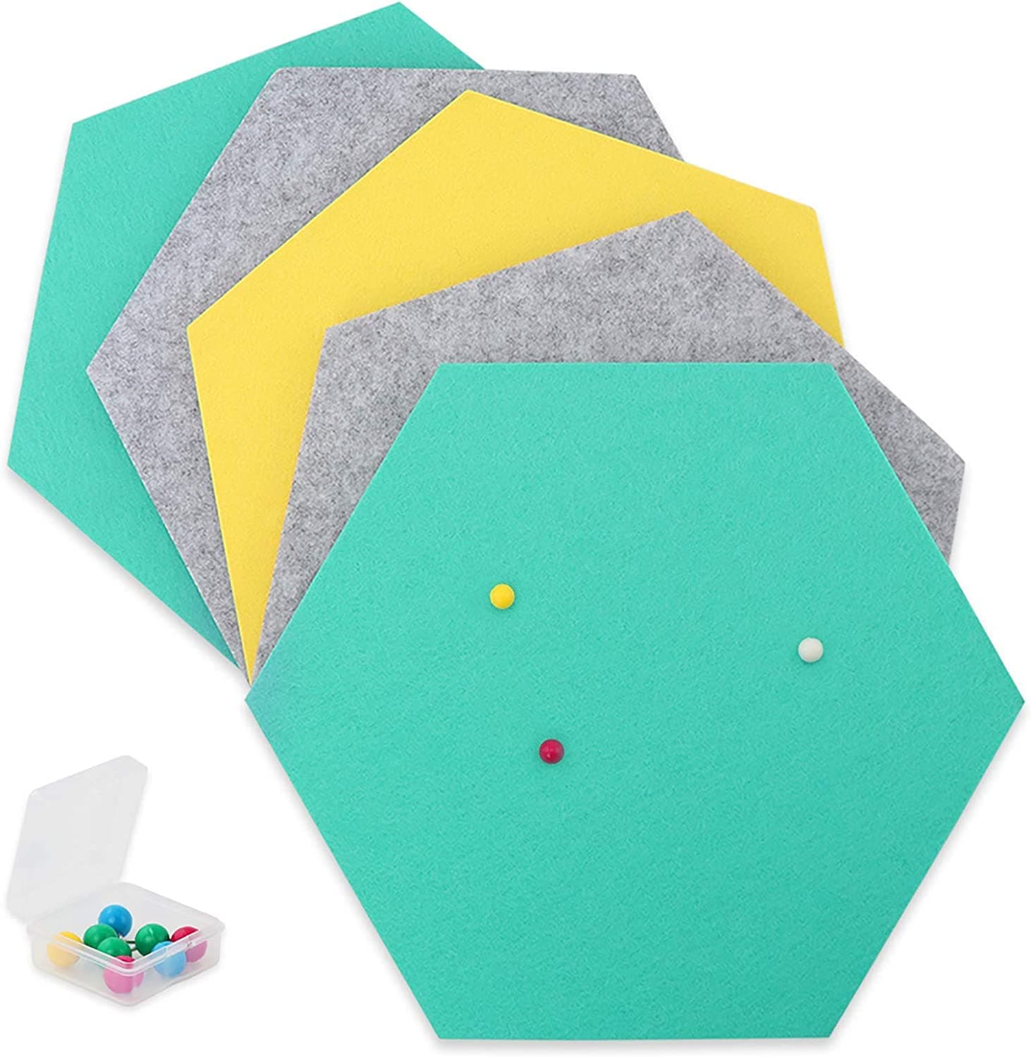 SEG Direct Hexagon Felt Bulletin Board, Large Felt Pin Board Self Adhesive Cork Board for Walls with Push Pins for Wall Office Home School Decor, 11.8 x 10.2 in, 5PCS(Gray/Teal/Yellow)