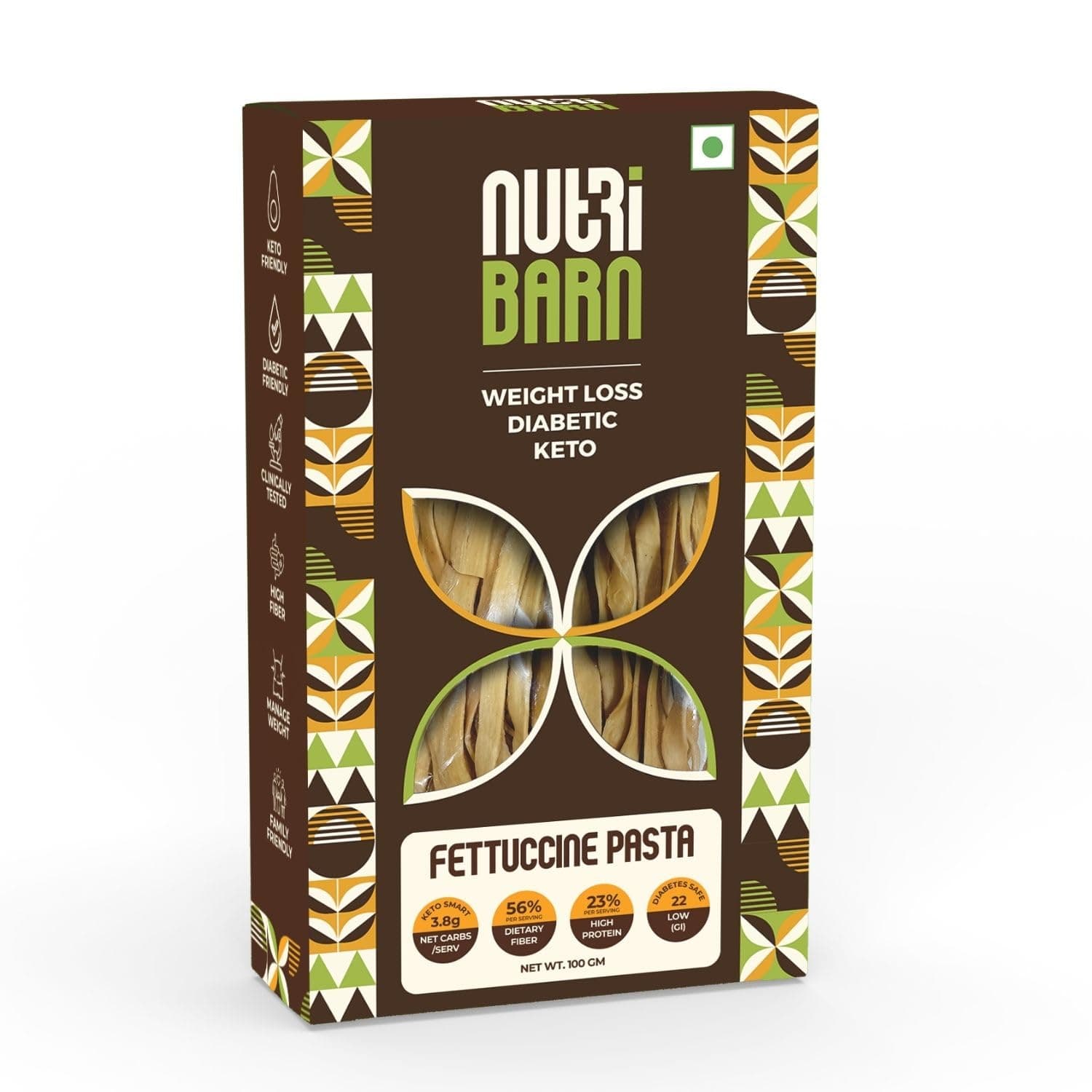 High Protein Low Carb Fettuccine Pasta 100 Gms | 23% Protein | 3.8g Net Carbs | Lab Tested Low GI 22 | Diabetic Friendly, Weight Management Flat Noodles | 100g (1 Pack)