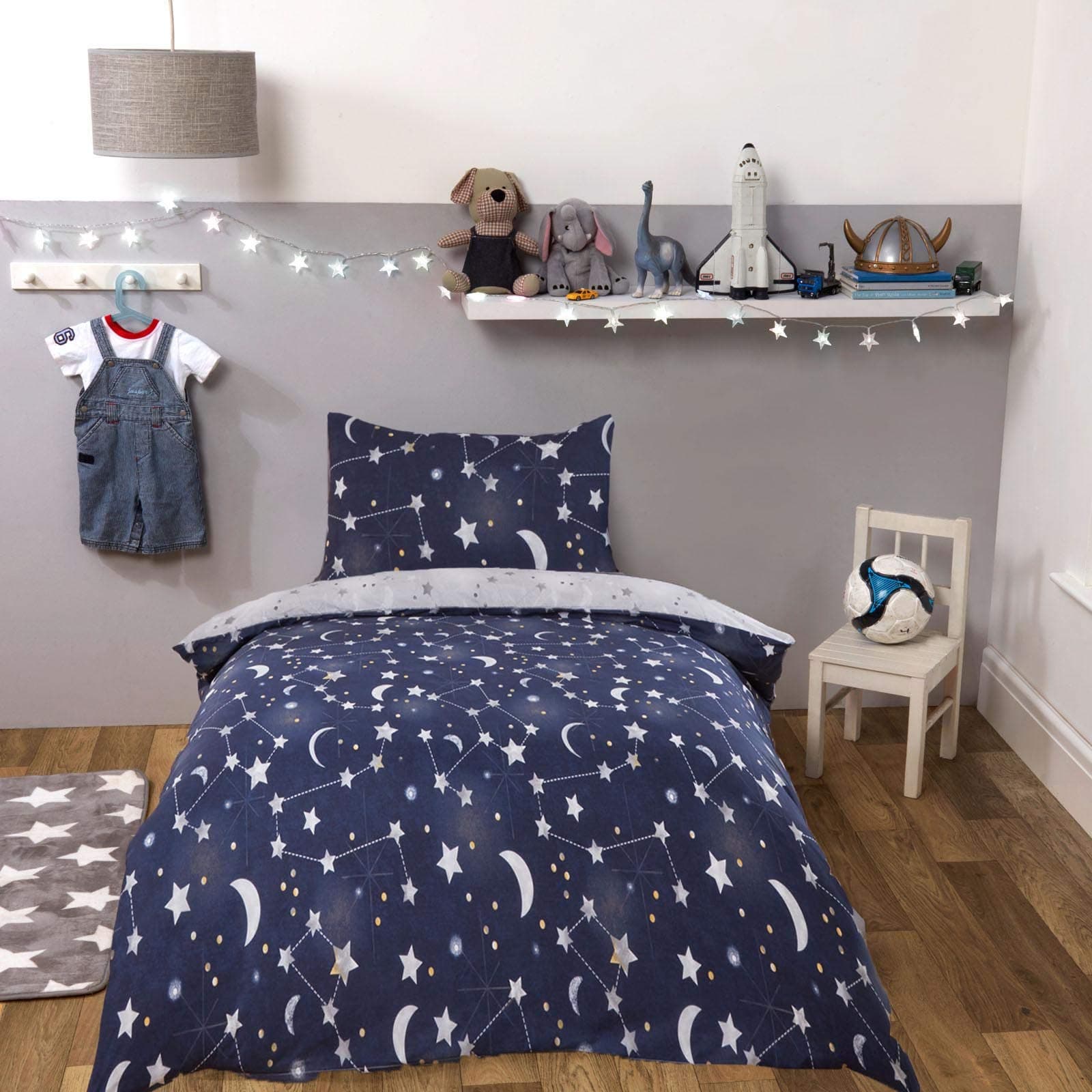 DreamsceneMoon Stars Galaxy Duvet Cover with Pillowcase Reversible Night Sky Bedding Set, Navy Blue Grey - Junior/Cot Bed Size