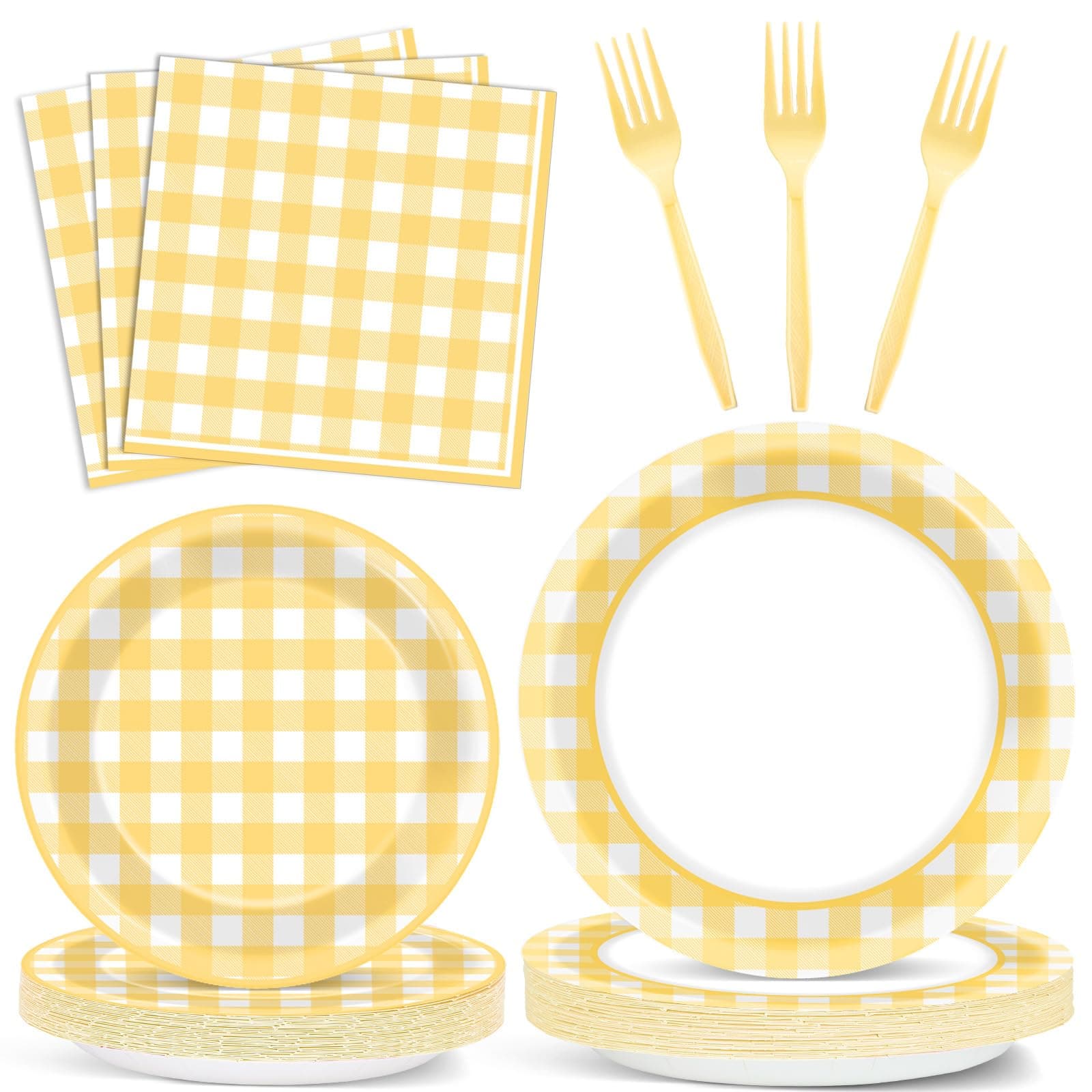 96Pcs Yellow Gingham Party Supplies Yellow Plaid Bachelorette Paper Plates and Napkins Yellow and White Gingham Birthday Party Decorations Tableware Set Plaid Party Favors Baby Shower for 24 Guests