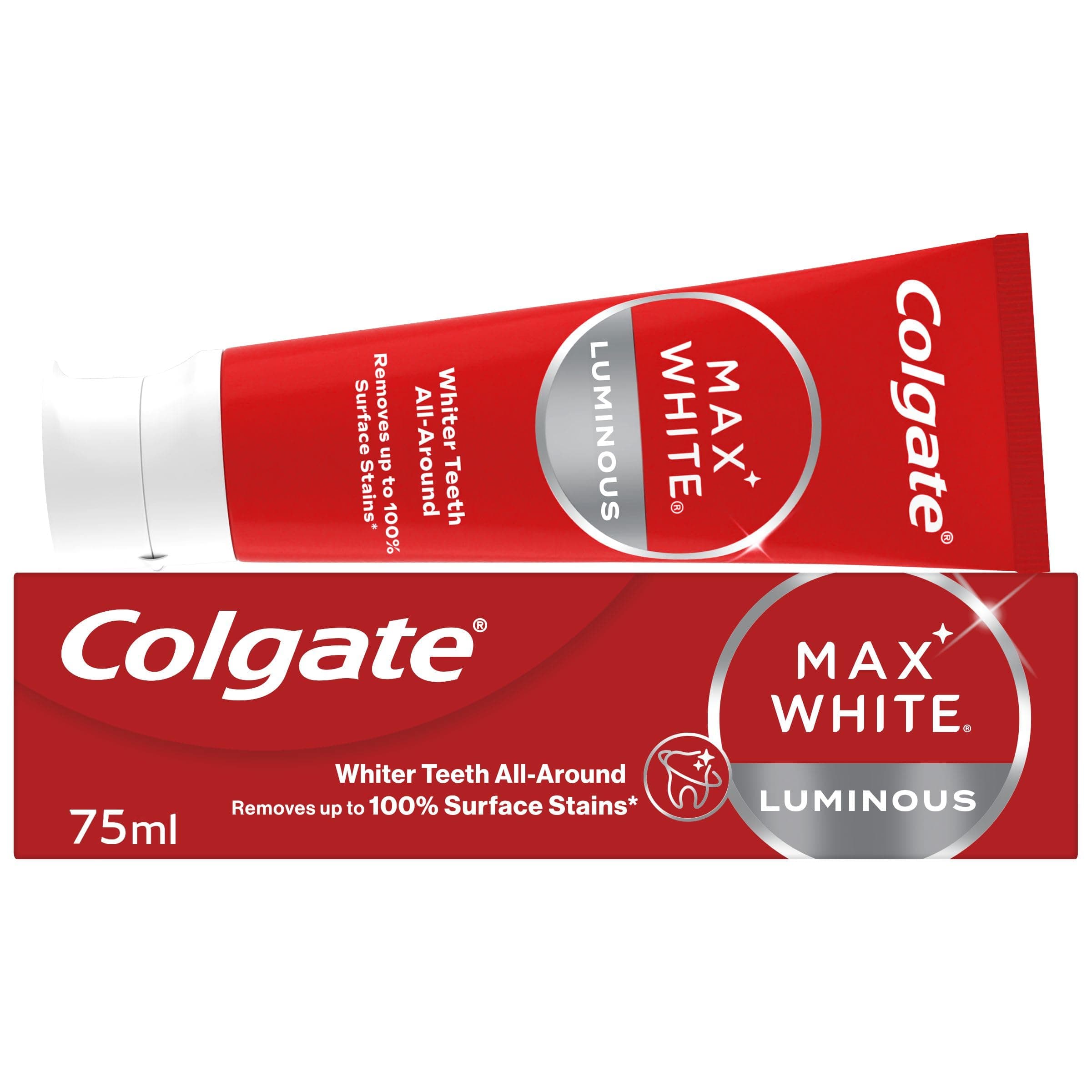 Max White Luminous Toothpaste 75ml - Teeth whitening Toothpaste - Clinically Proven Formula - Removes up to 100% of Surface Stains - SmartFoam System Cleans All Around Your Teeth