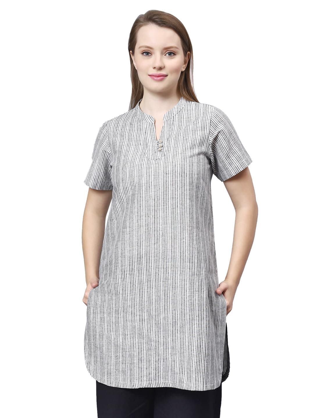 Yogees Knee Length Cotton Stripes Kurta for Women, Casual, Yoga, Meditation, Lounge Wear Kurti