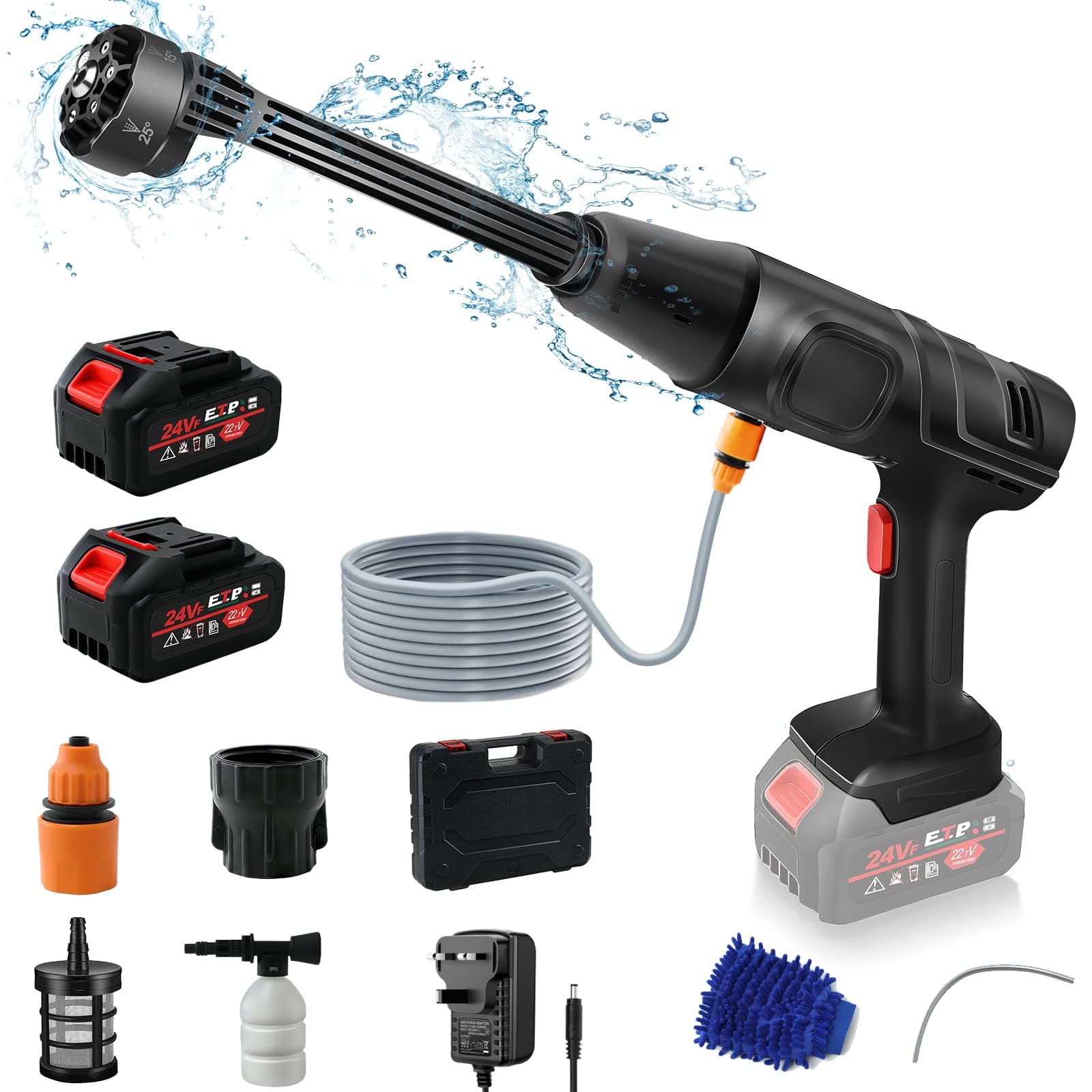NACATIN Cordless Pressure Washer, Powerful 24V Portable High Pressure Cleaner Kit with 2 x 3.0 Ah Rechargeable Batteries, 6-in-1 Nozzle, for Car, Garden, Floor Cleaning