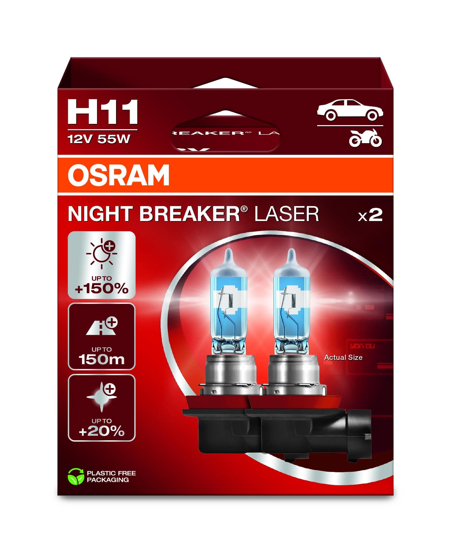NIGHT BREAKER LASER H11, +150% Brighter Halogen Headlight Lamp, 64211NL-2HB, 12V, Hanging Folding Box (2 Lamps)