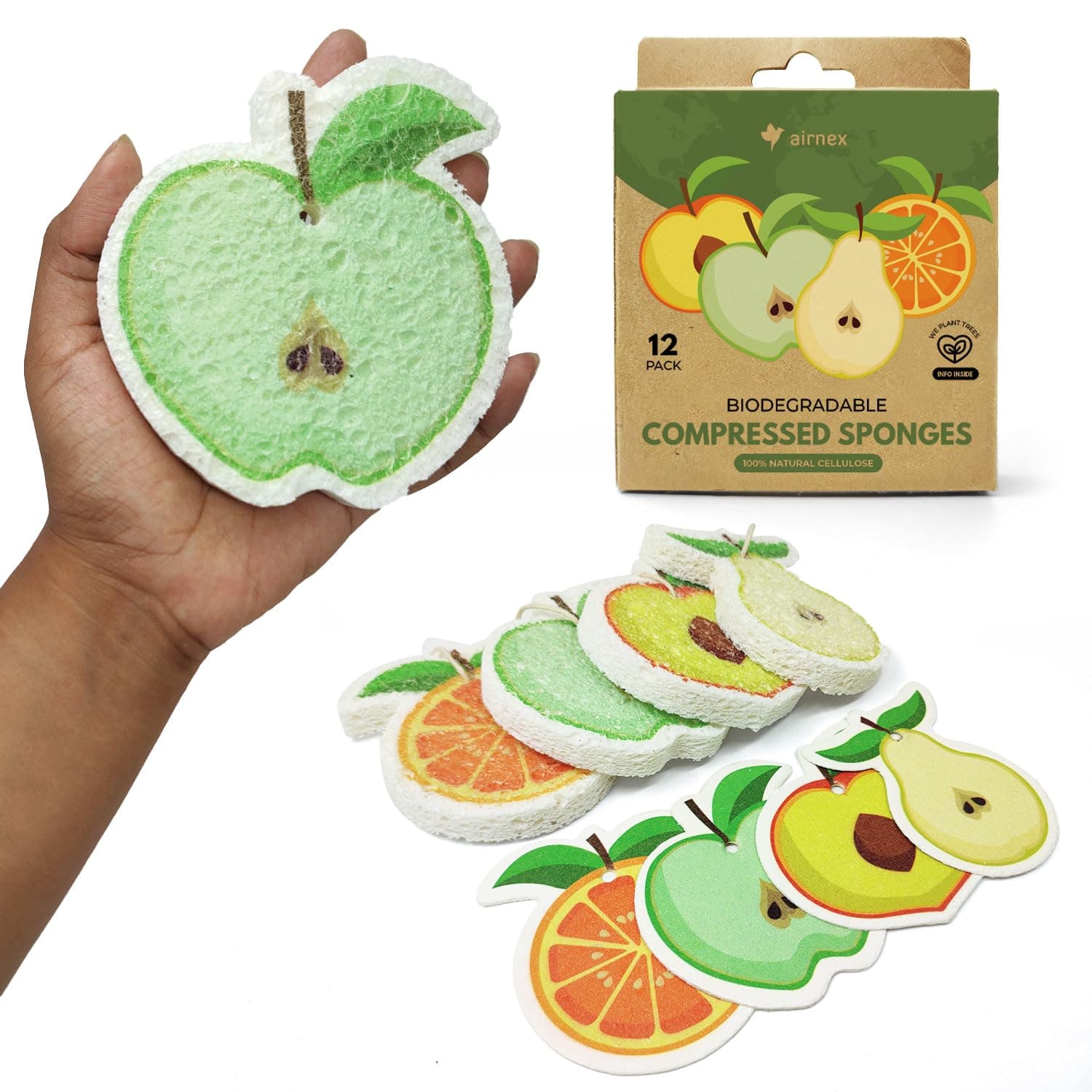 AIRNEX Compressed Cellulose Sponges - 12 Pack Fruit Shaped Natural Pop Up Dish Sponge for Kitchen - Compostable, Plant-Based, Non Scratch Cleaning Sponges Bulk for Dishes & Household Cleaning