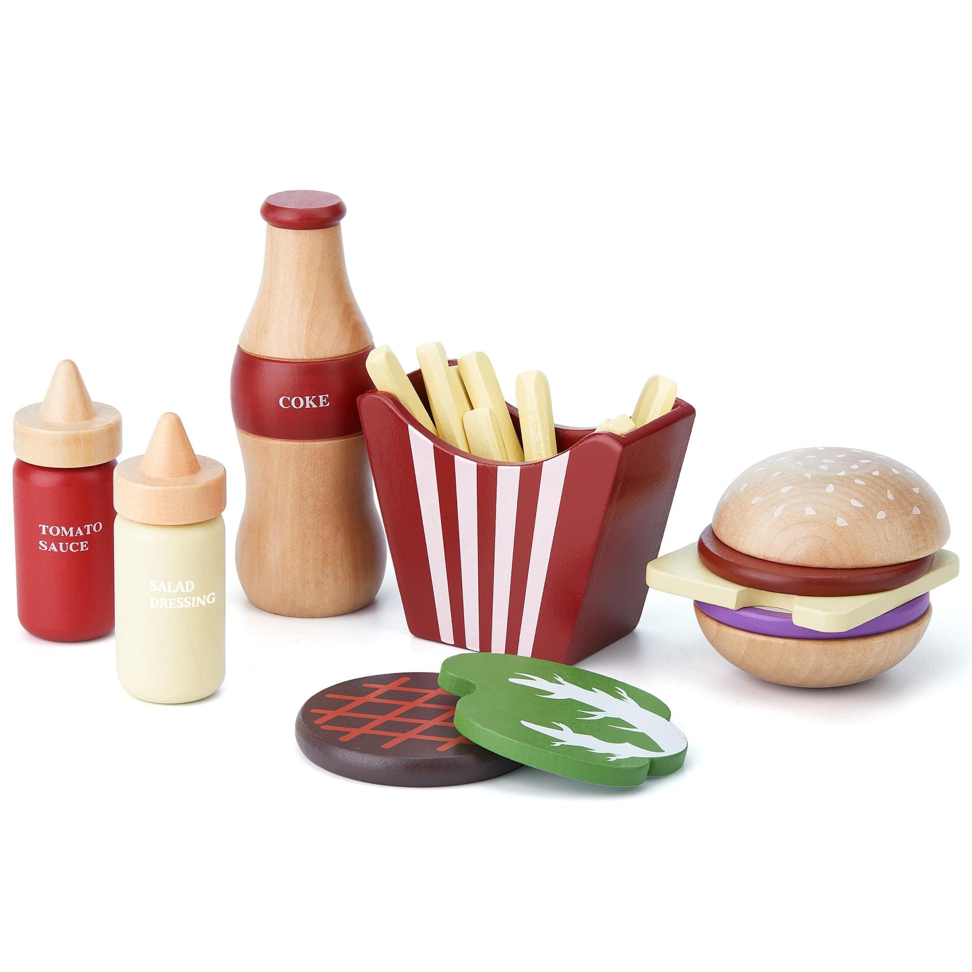 Wooden Pretend Play Food Set - Hamburger, Sandwich, French Fries & More - Montessori Educational Toy for Kids 3-5 Years - Unisex