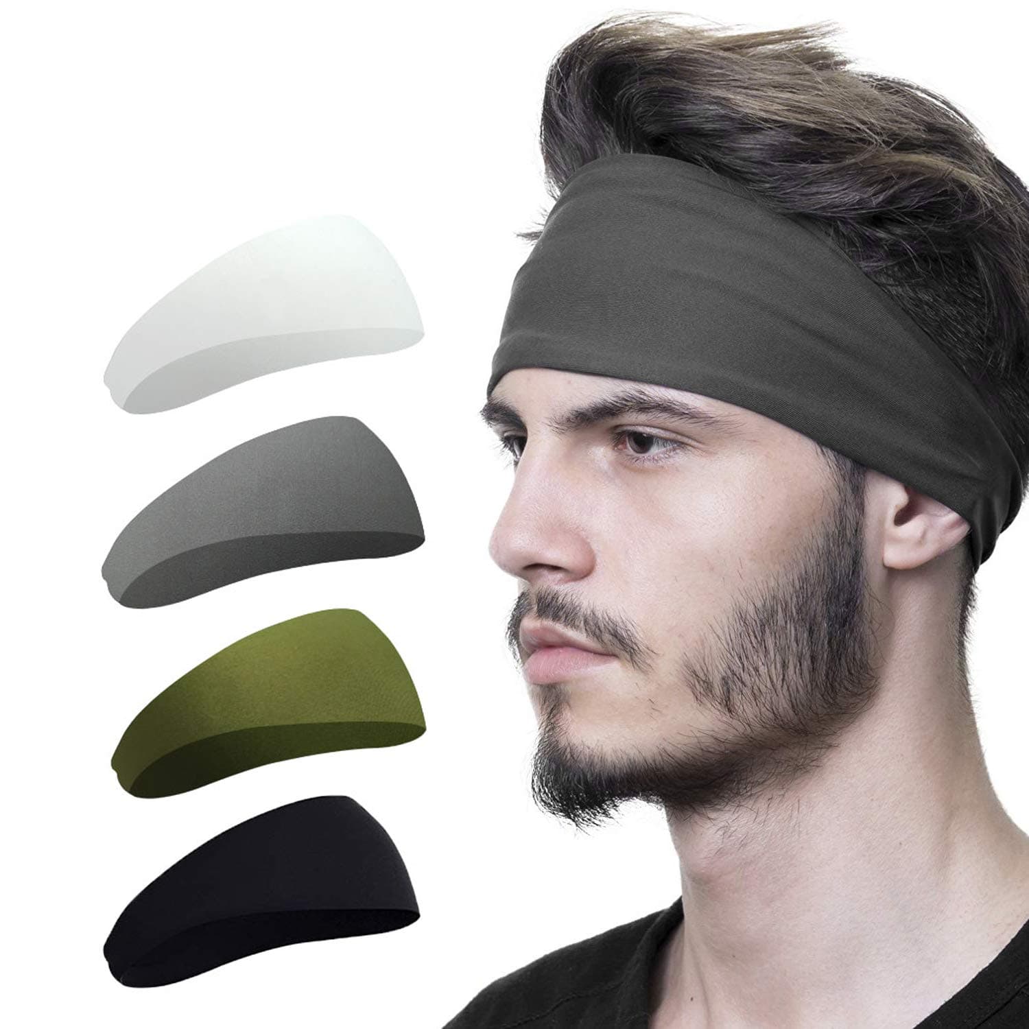 Mens Headband (4 Pack), Mens Sweatband & Sports Headband for Running, Crossfit, Cycling, Yoga, Basketball - Stretchy Moisture Wicking Unisex Hairband