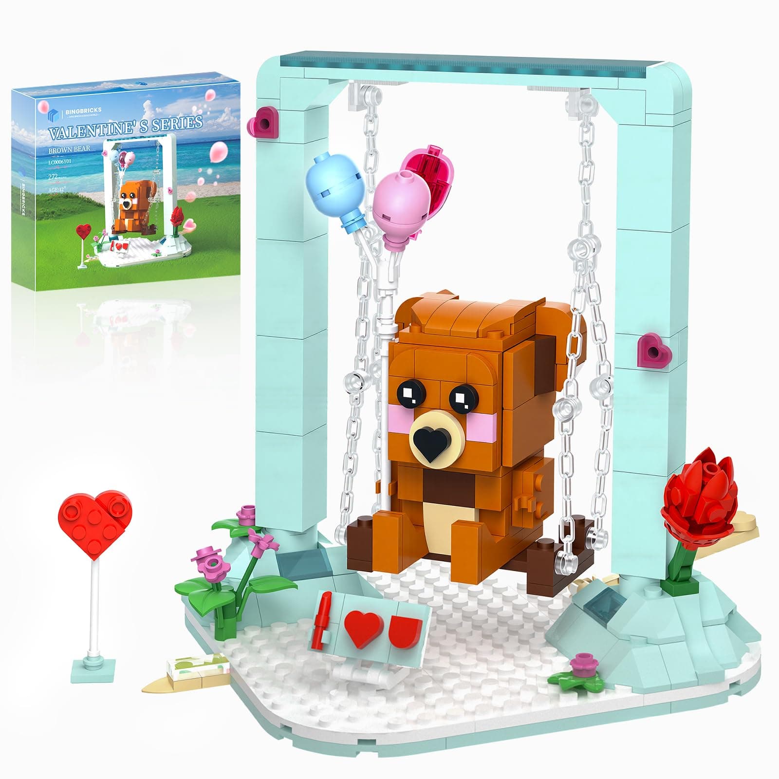 Nubee Valentine’s Brown Bear Building Toys Compatible for Lego, Cute Swing Bears Building Sets with Heart, Flowers, I Love You, Cupid's Arrow, Birthday Valentine Gifts for Boys Girls Aged 8+