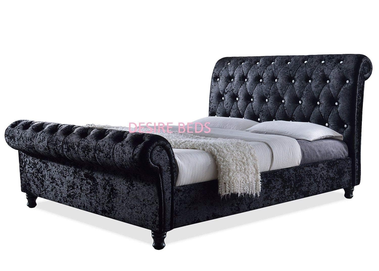 CHESTERFIELD CASTELLO Classy Modern Bed Frame Sleigh Style Fully Upholstered Designer bed in Crushed Velvet 4 FT6'' (BLACK)