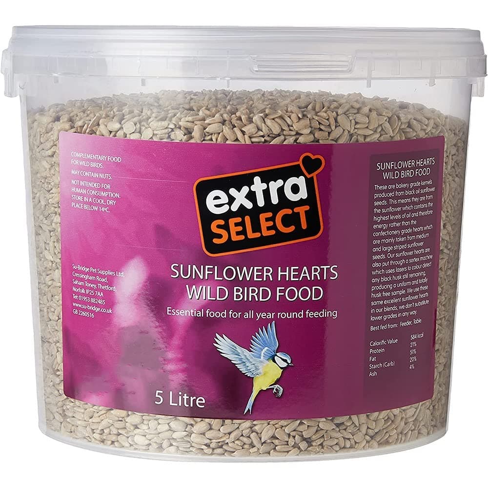 Extra Select Sunflower Hearts Bird Food - Husk-Free, Oil Rich, High Energy Wild Bird Seed for Year Round Feeding - 5 Litre Bucket