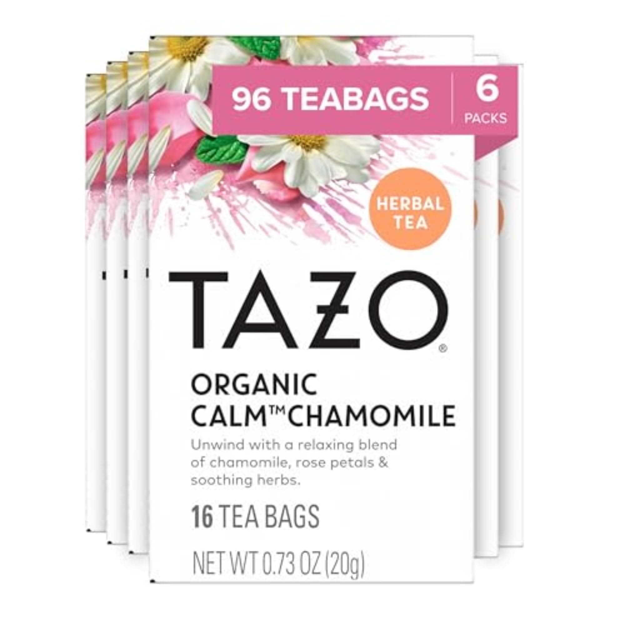 Calm Chamomile Herbal Tea Bags, Caffeine Free, 96 Total Tea Bags (16ct - Pack of 6)