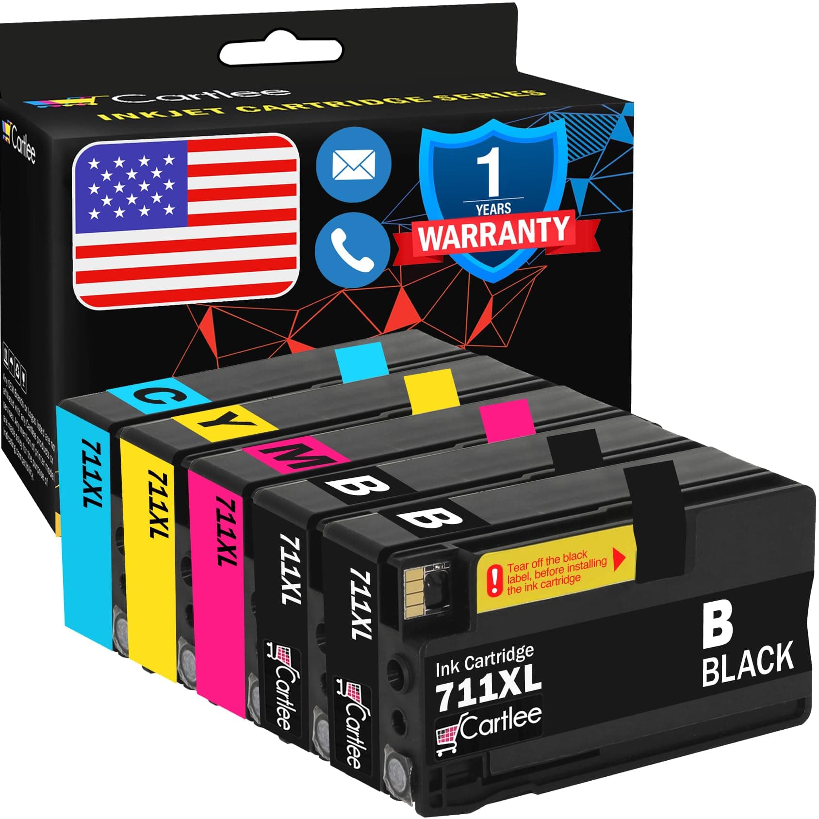 Cartlee Set of 5 Compatible 711XL 711 High Yield Ink Cartridges for HP Designjet T120 T520 Printers (2 Black, 1 Cyan, 1 Magenta, 1 Yellow)