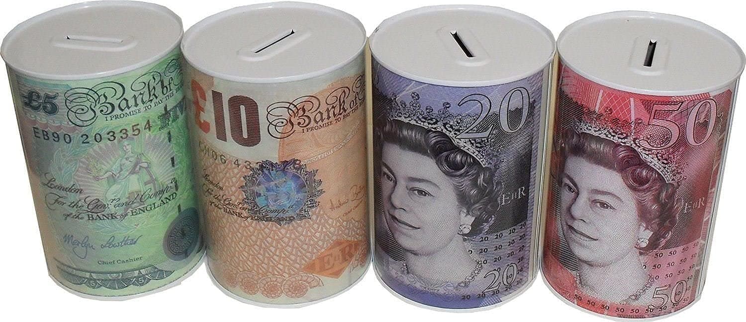 Sterling Money Box Tin - Piggy Bank, Coin, Cash Tin and Savings Tin to Save Birthday Money, Holiday and Christmas Fund - Multi-Colour - One Random Supplied