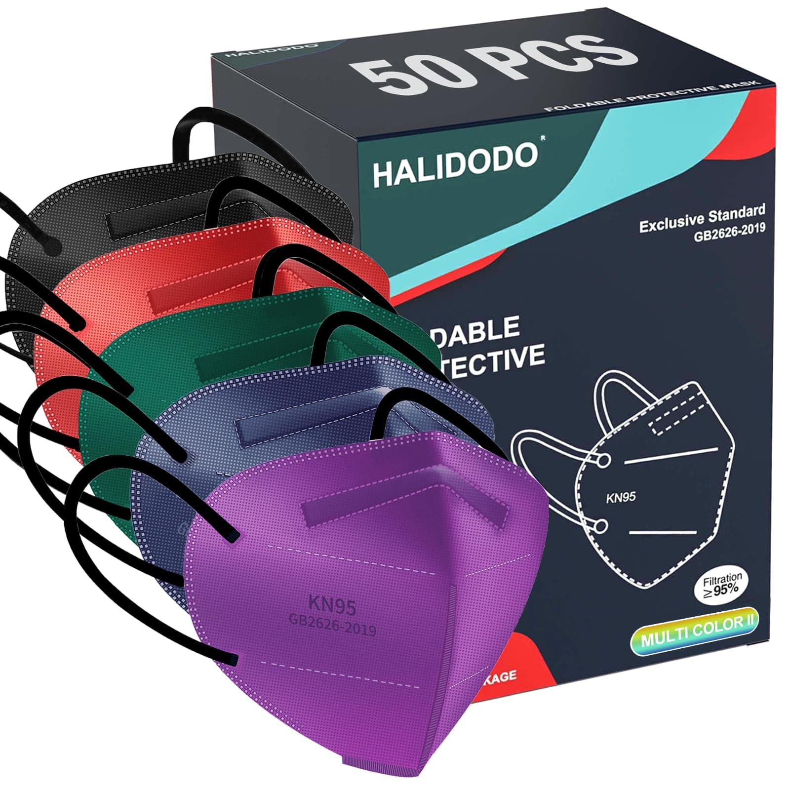 HALIDODO Face Mask 50 Pack Breathable 5-Layer Filter Efficiency≥95%