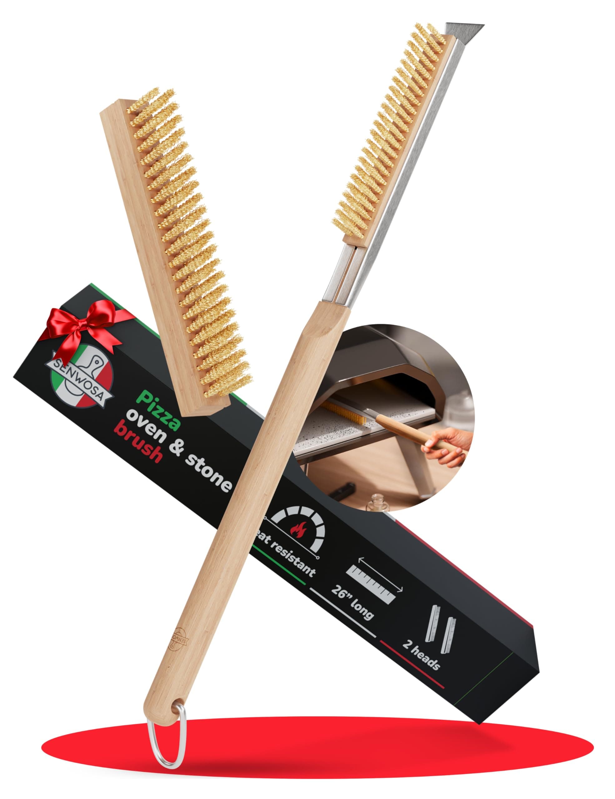 Senwosa Pizza Oven Brush with Stone Scraper - 66 cm - Stainless Steel Bristles, Extra Long Handle, Heat-Resistant - Compatible with Ooni Ovens - Includes Spare Head