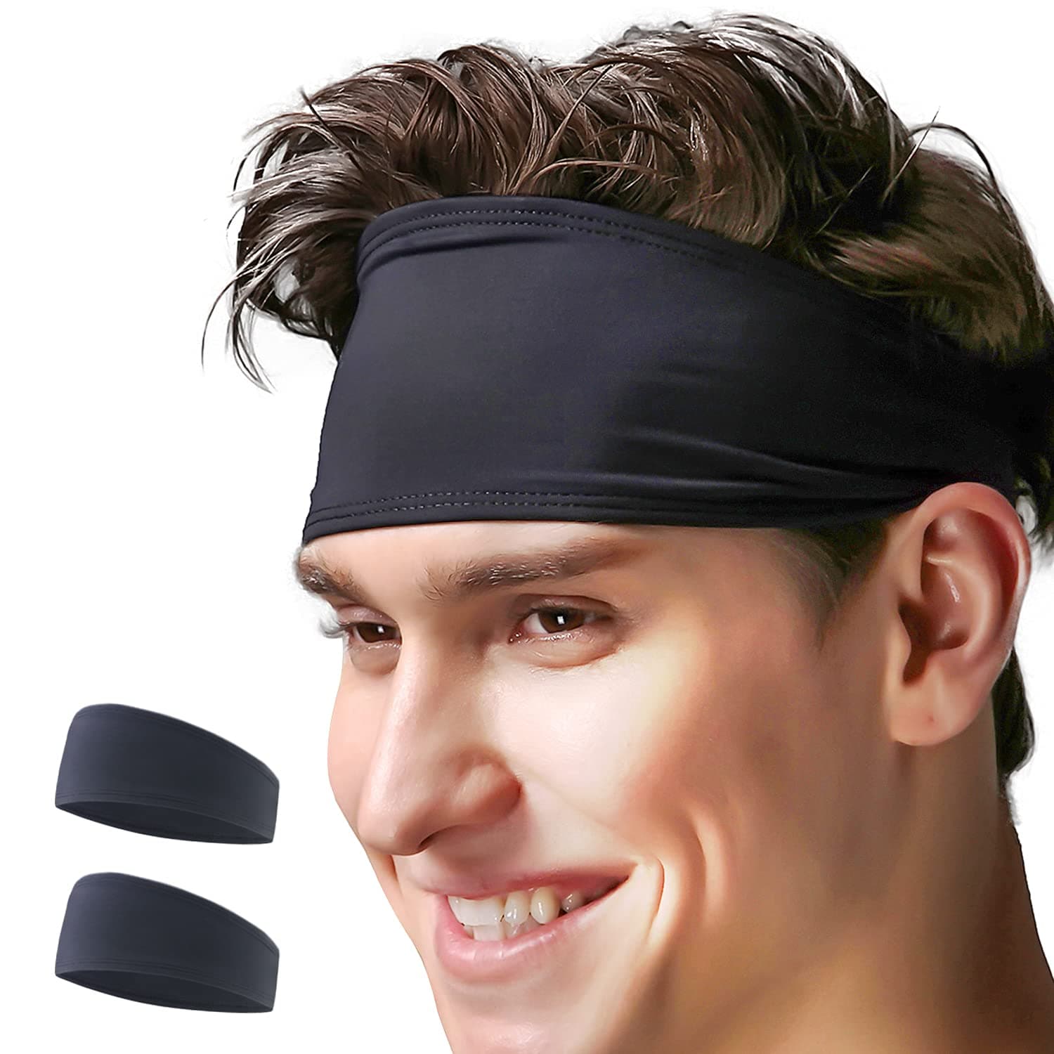 VIMOV Mens Headband - Sports Sweatband for Running, Cycling, Yoga, Basketball - Stretchy Moisture Wicking Hairband, 2 Pack