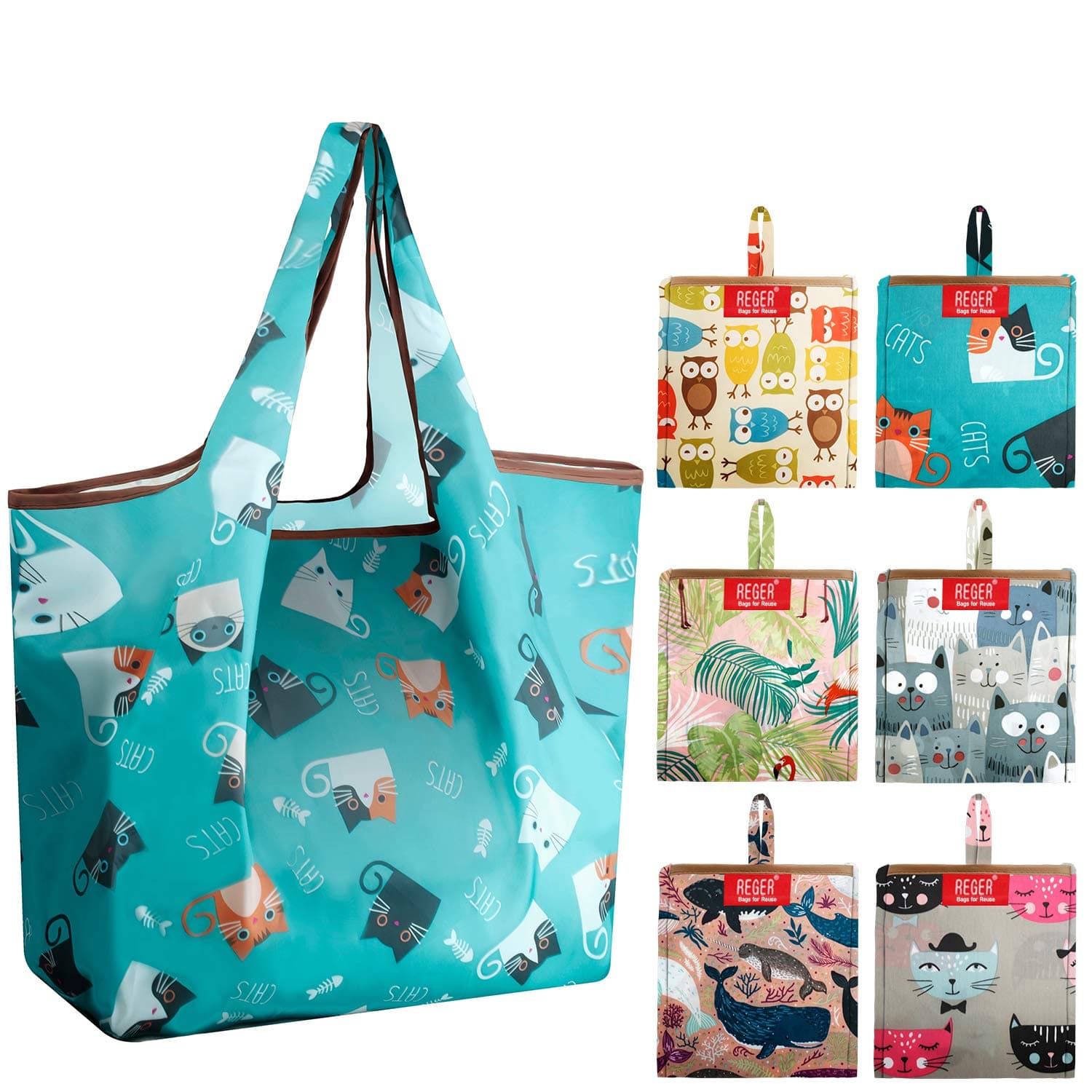 Reusable-Grocery-Bags-Shopping-Foldable Bags Tote Bag Large 50LBS Reusable Bag Groceries Totes With Square Pouch Bulk 6 Pack Eco-Friendly Ripstop Fabric Washable Light Weight Dog Cat Flamingo Owls