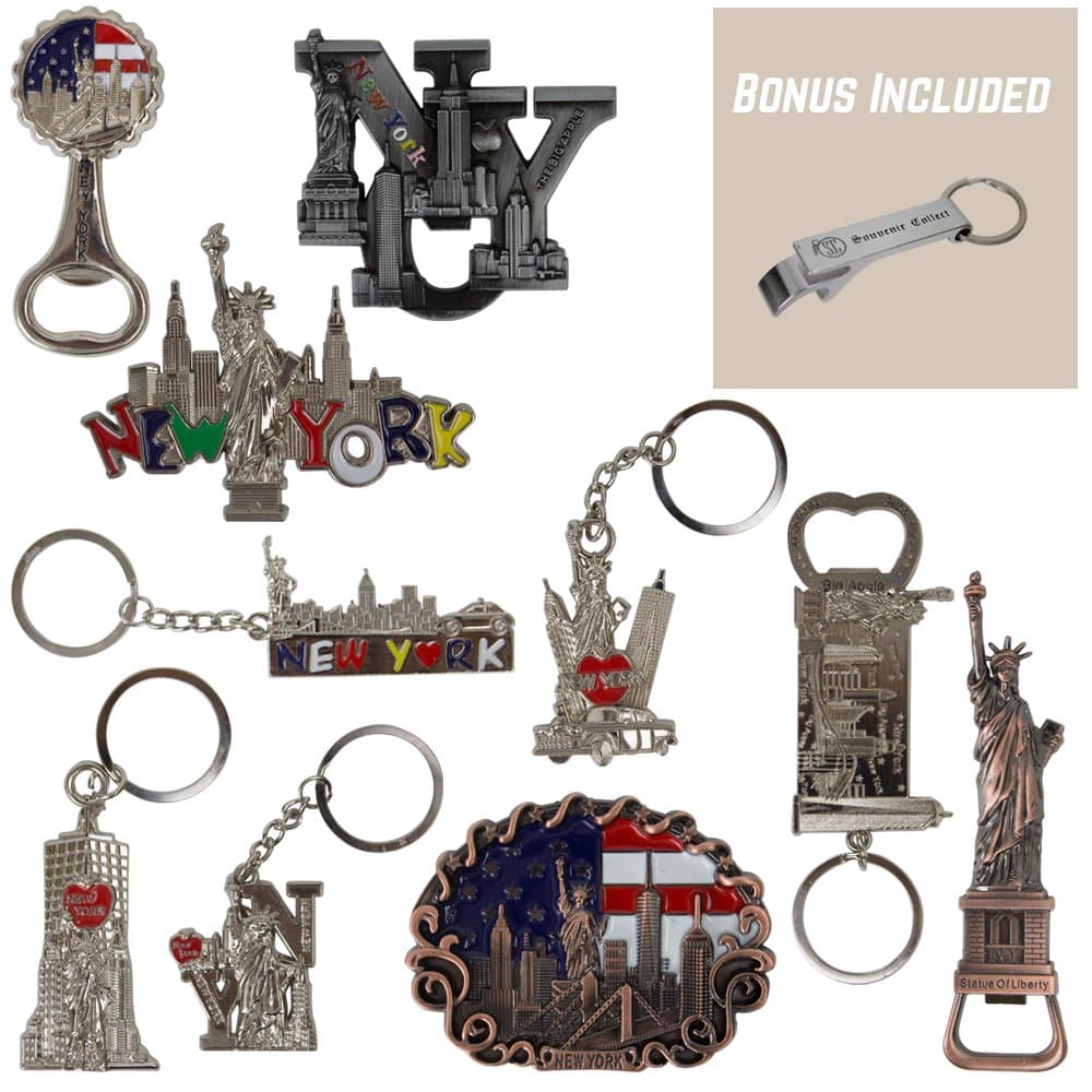 New York NYC Bundle Souvenir Metal Keychain and Metal Fridge Magnets 10 Pack, 5 Keychains 5 Magnates - Statue of Liberty, USA Flag, Freedom Tower, Empire State Building, and More. - Bonus Included