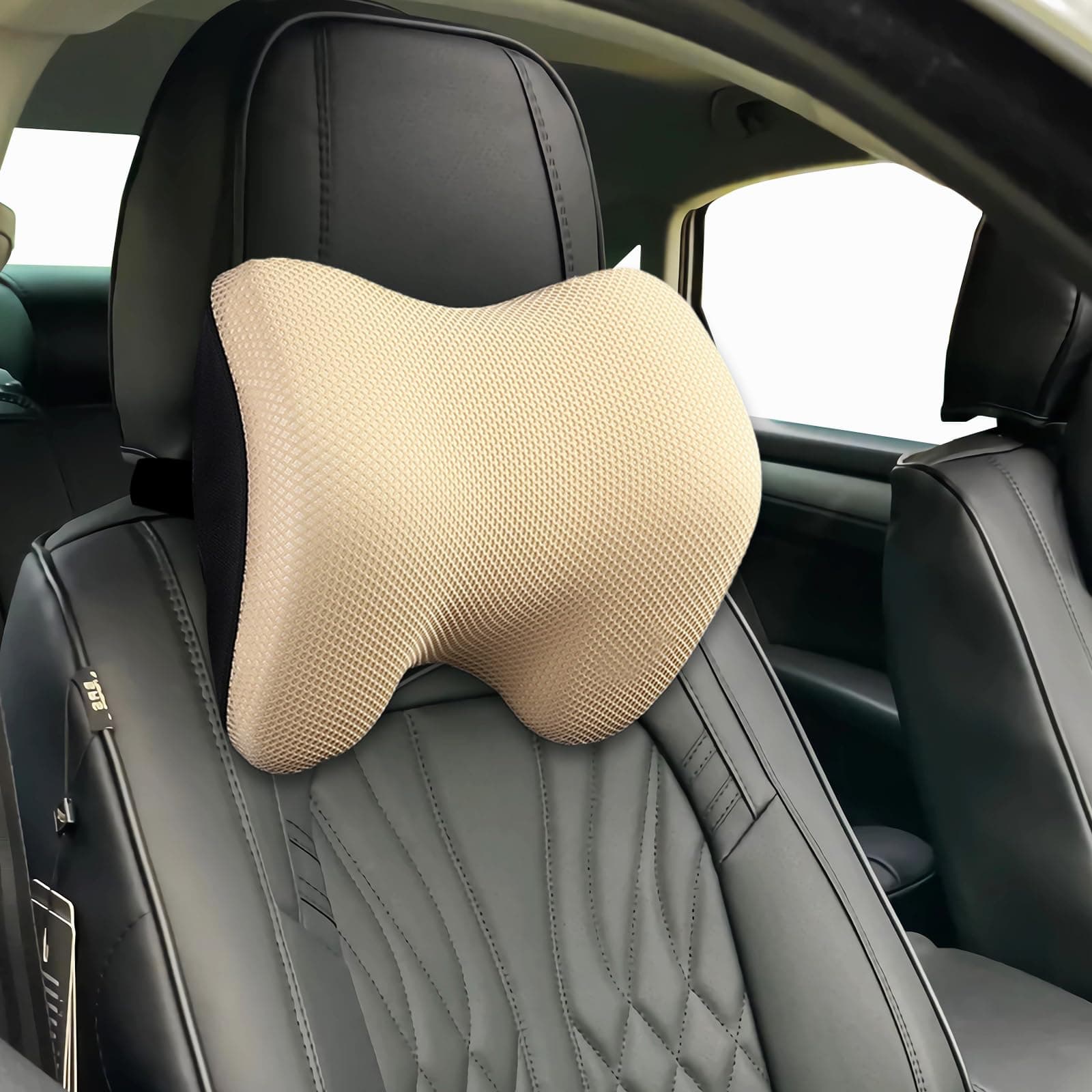 SPRFUFLY Make Relaxing Car Headrest Pillow, Car Pillow Driving with Adjustable Strap, Breathable Removable Cover & Ergonomic Design Softness Travel Car Neck Support Pillow(Beige, 1P) (P152-Beige)